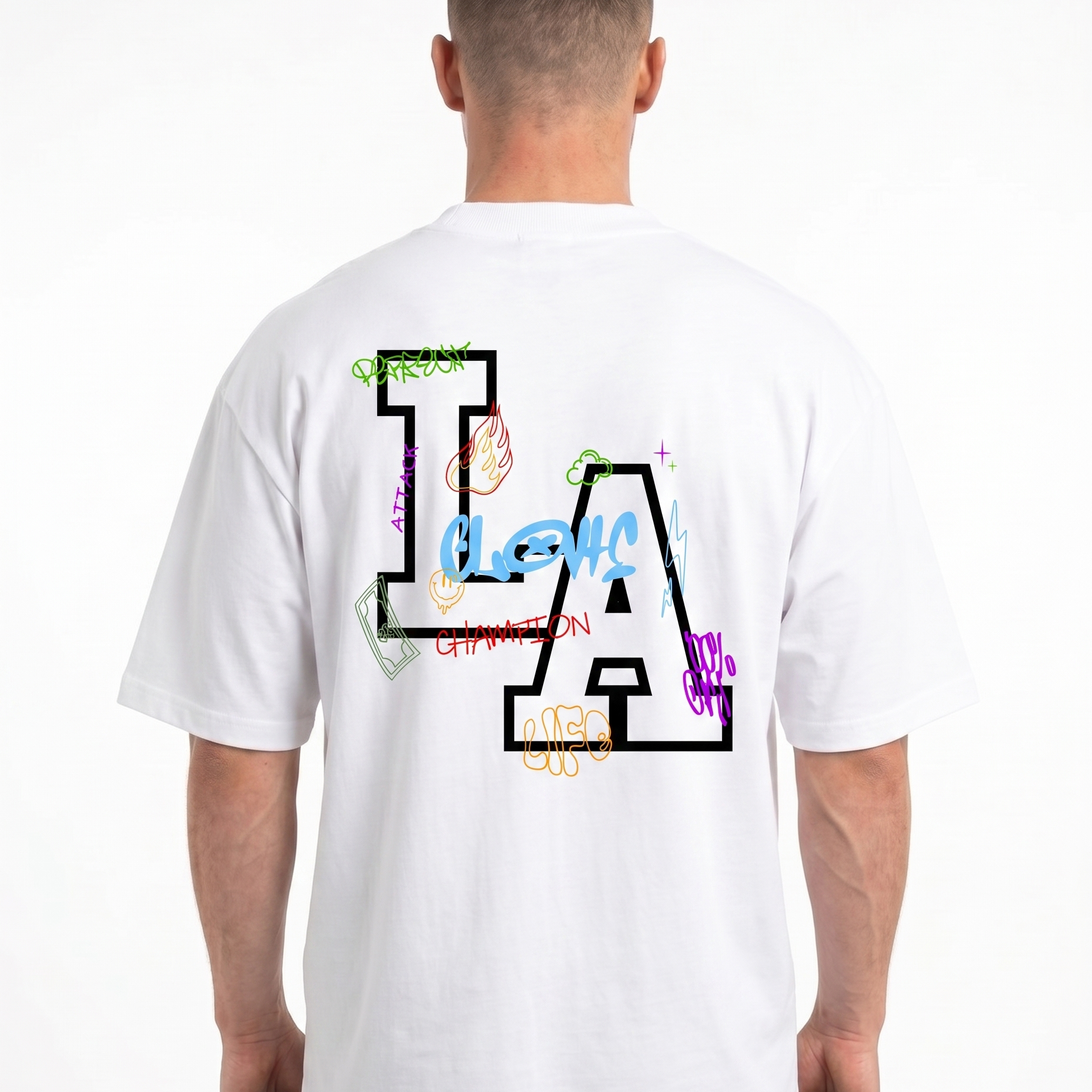 Los Angeles Oversized Tee White - model back print