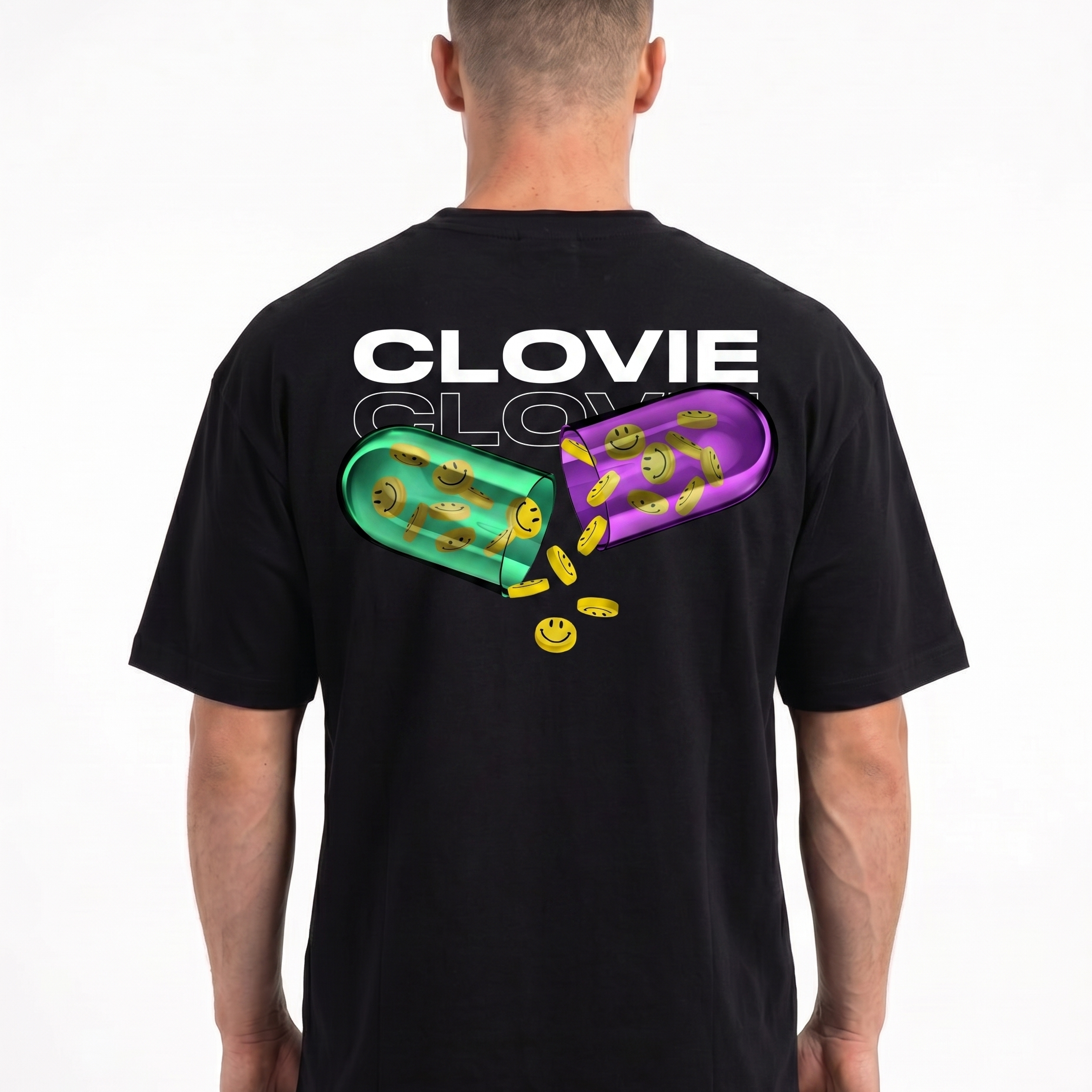 Happy pills Oversized Tee Black - model back print