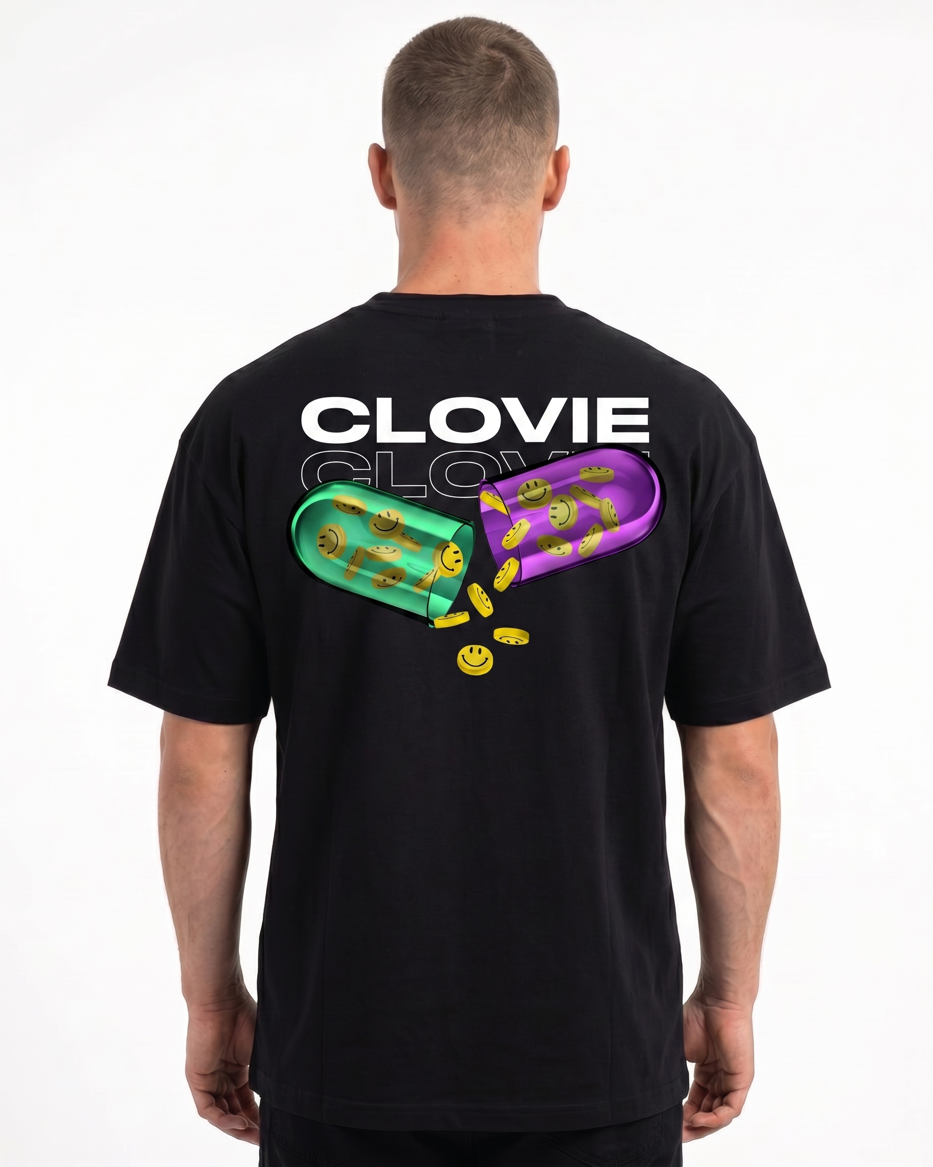 Happy pills Oversized Tee Black - model back print