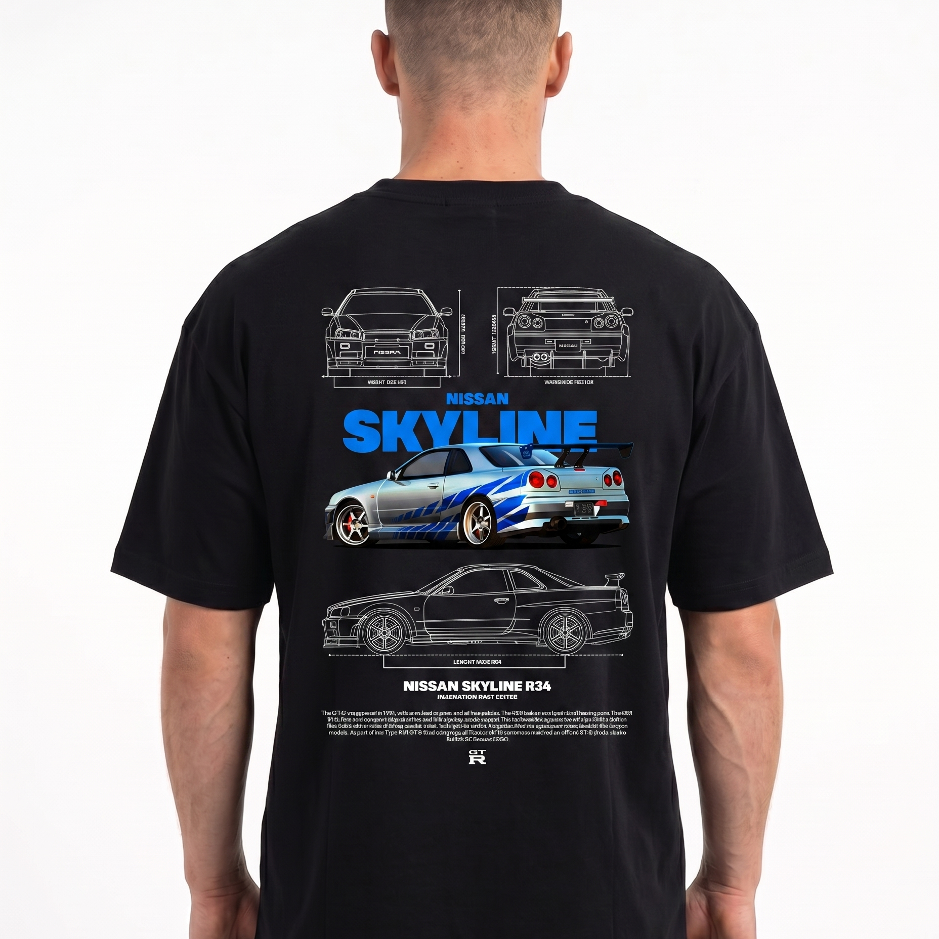 Nissan Skyline R34 Standard Tee Black - model back print