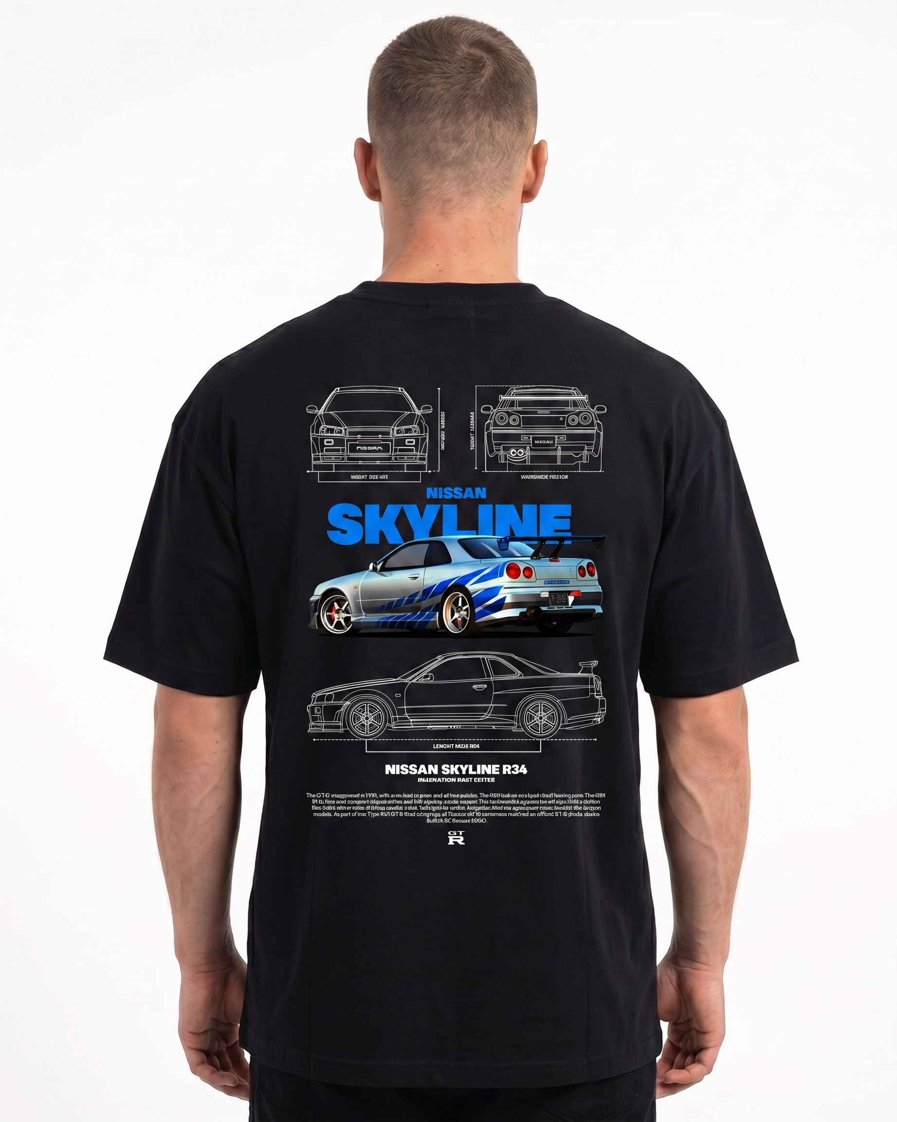Nissan Skyline R34 Standard Tee Black - model back print