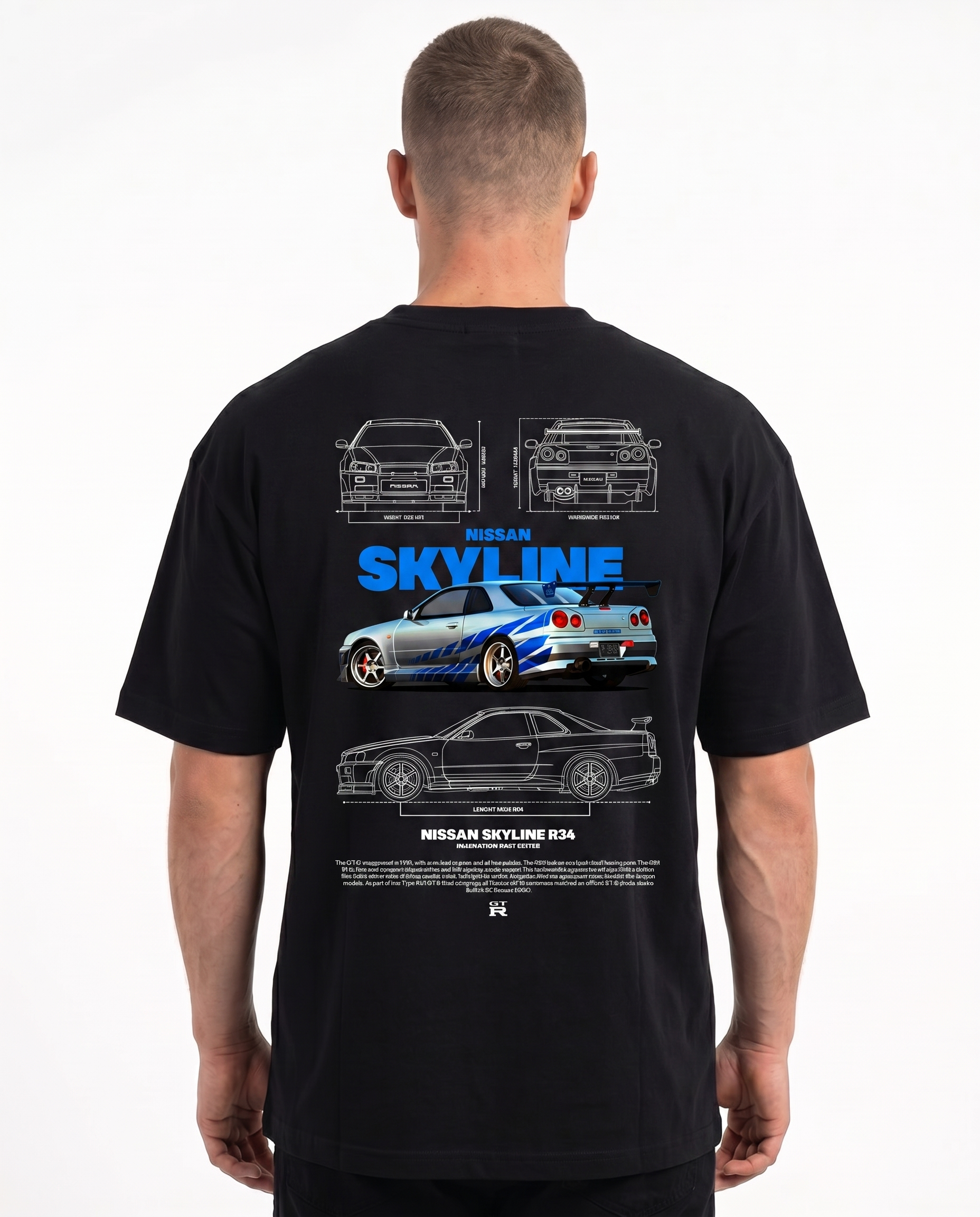 Nissan Skyline R34 Standard Tee Black - model back print