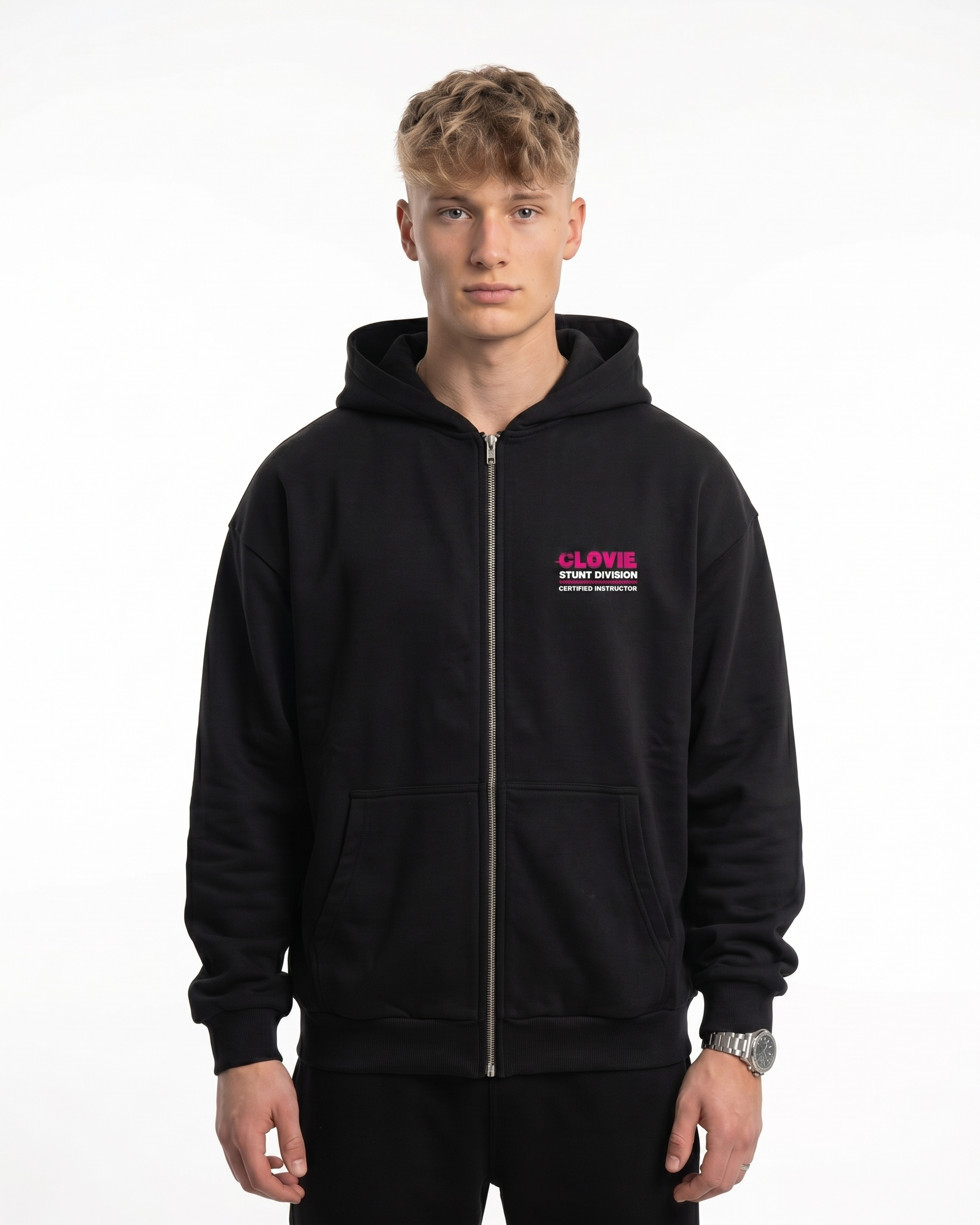 Official stunt instructor Oversized Zip Hoodie Black - model front