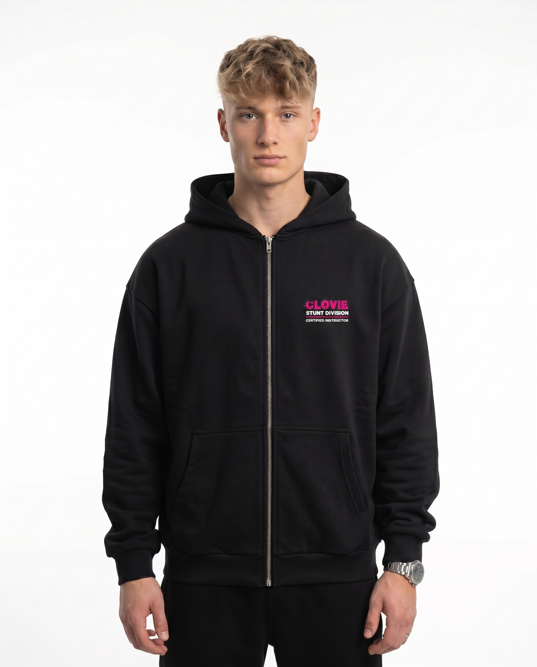 Official stunt instructor Oversized Zip Hoodie Black - model front