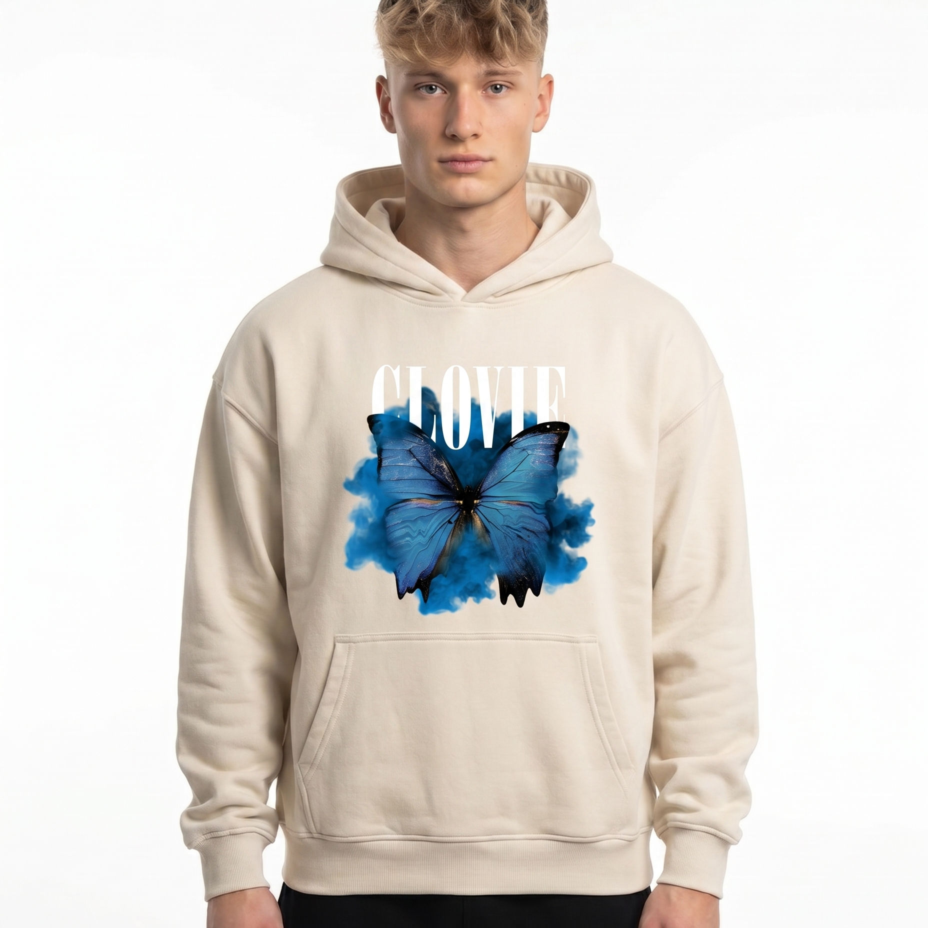 Butterfly Hoodie White Sand - model front print