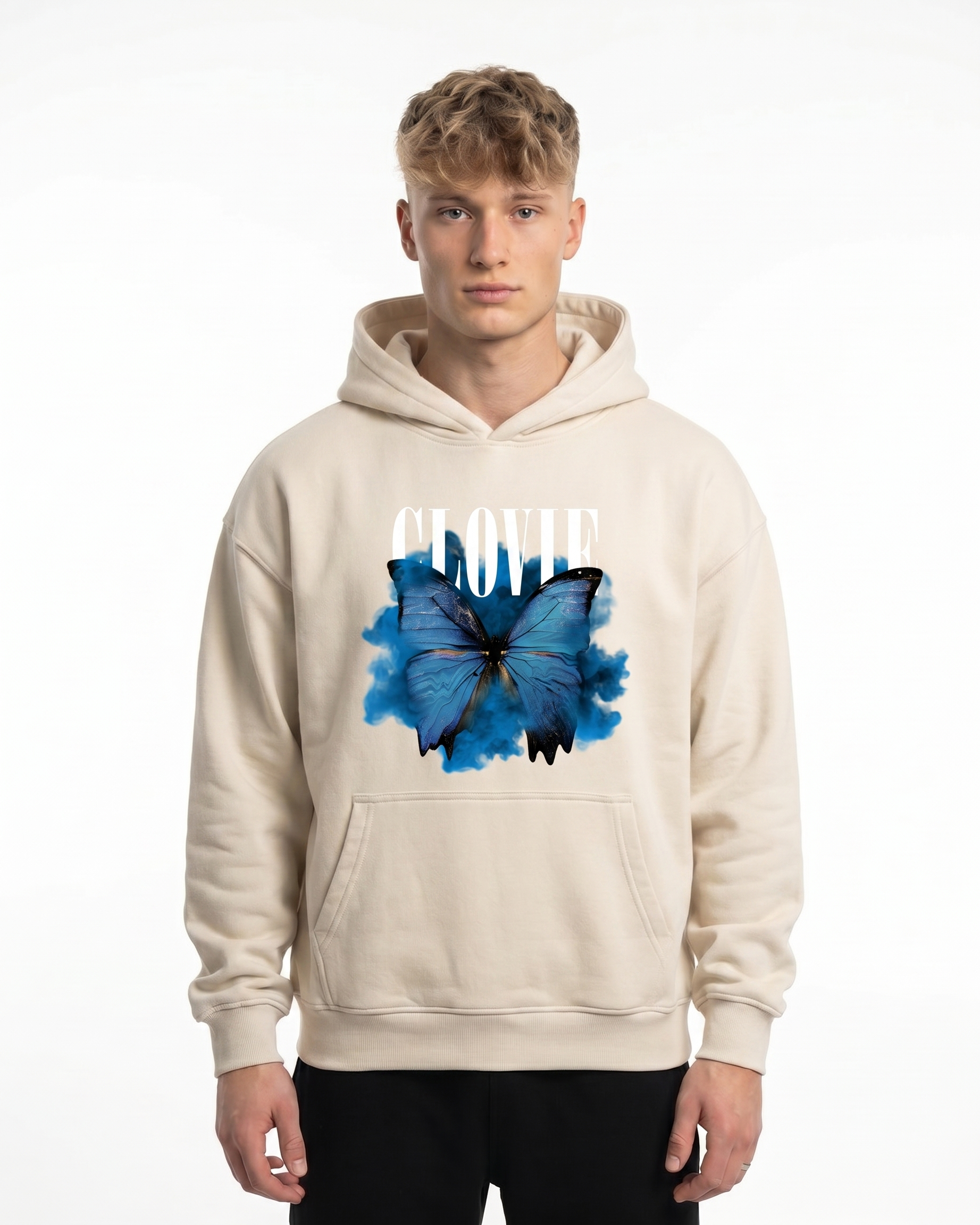 Butterfly Hoodie White Sand - model front print