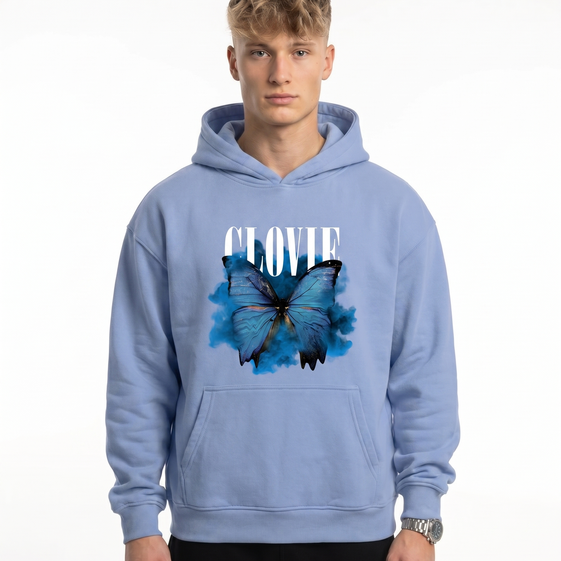 Butterfly Hoodie Powder Blue - model front print