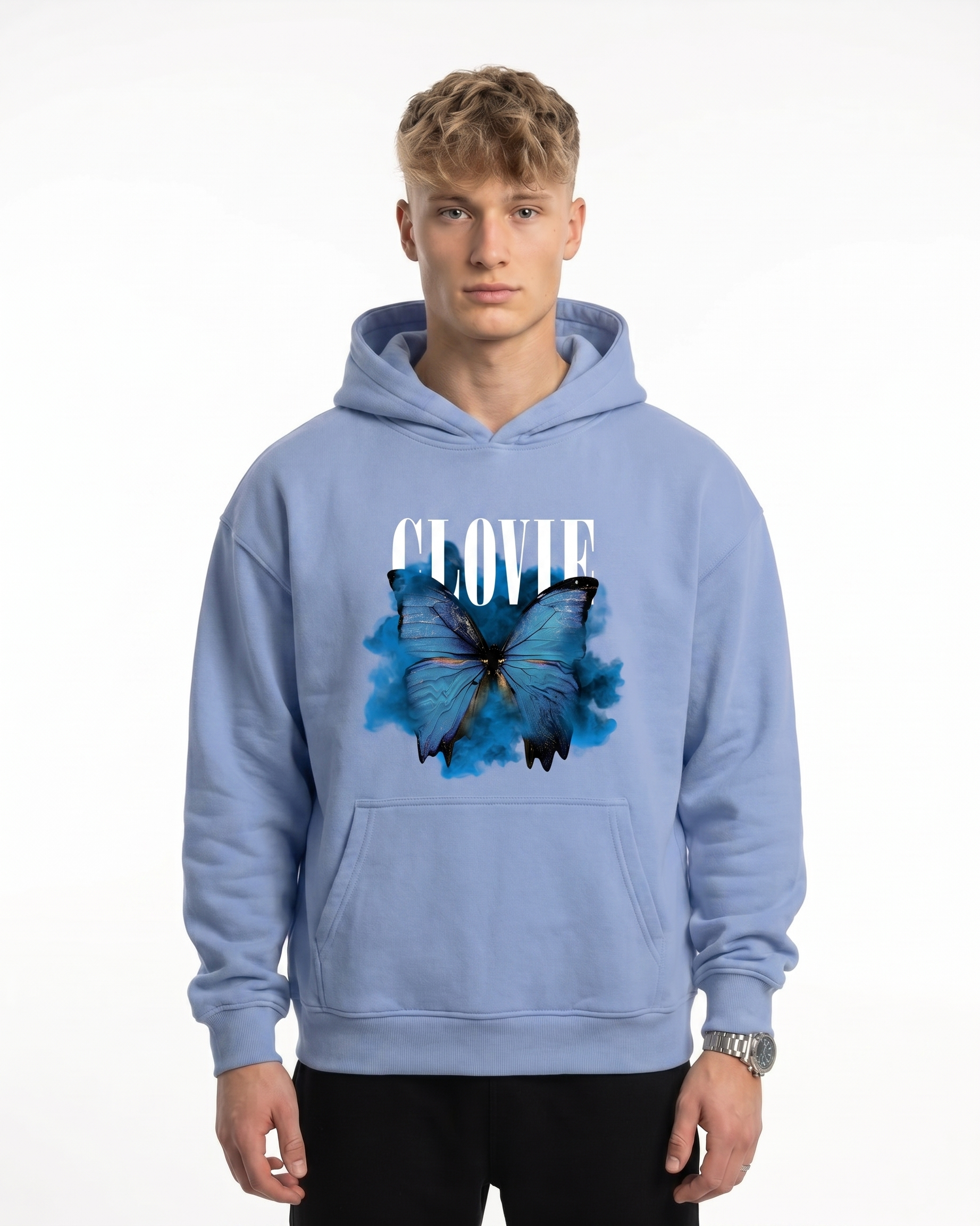 Butterfly Hoodie Powder Blue - model front print