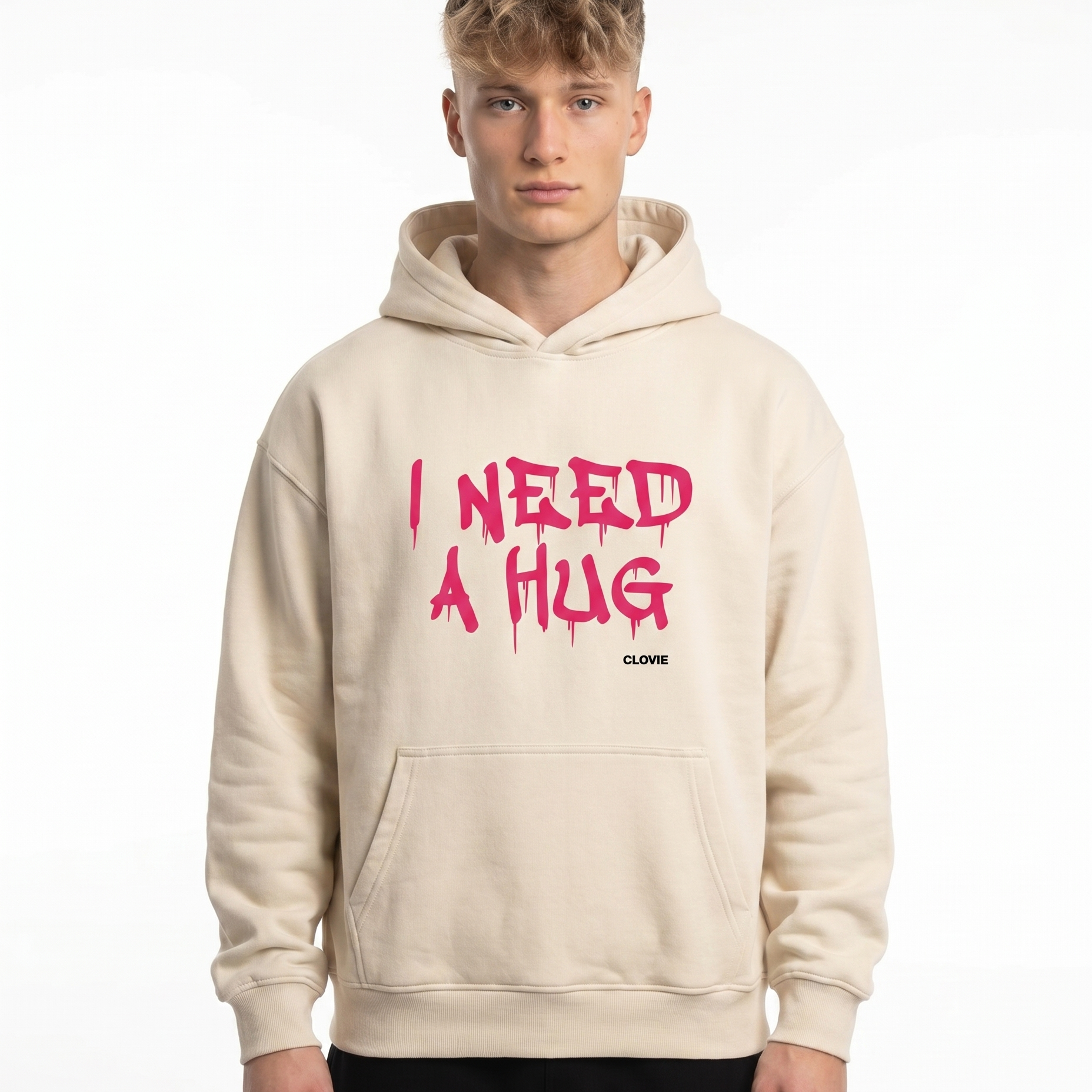 Free hugs Hoodie White Sand - model front print