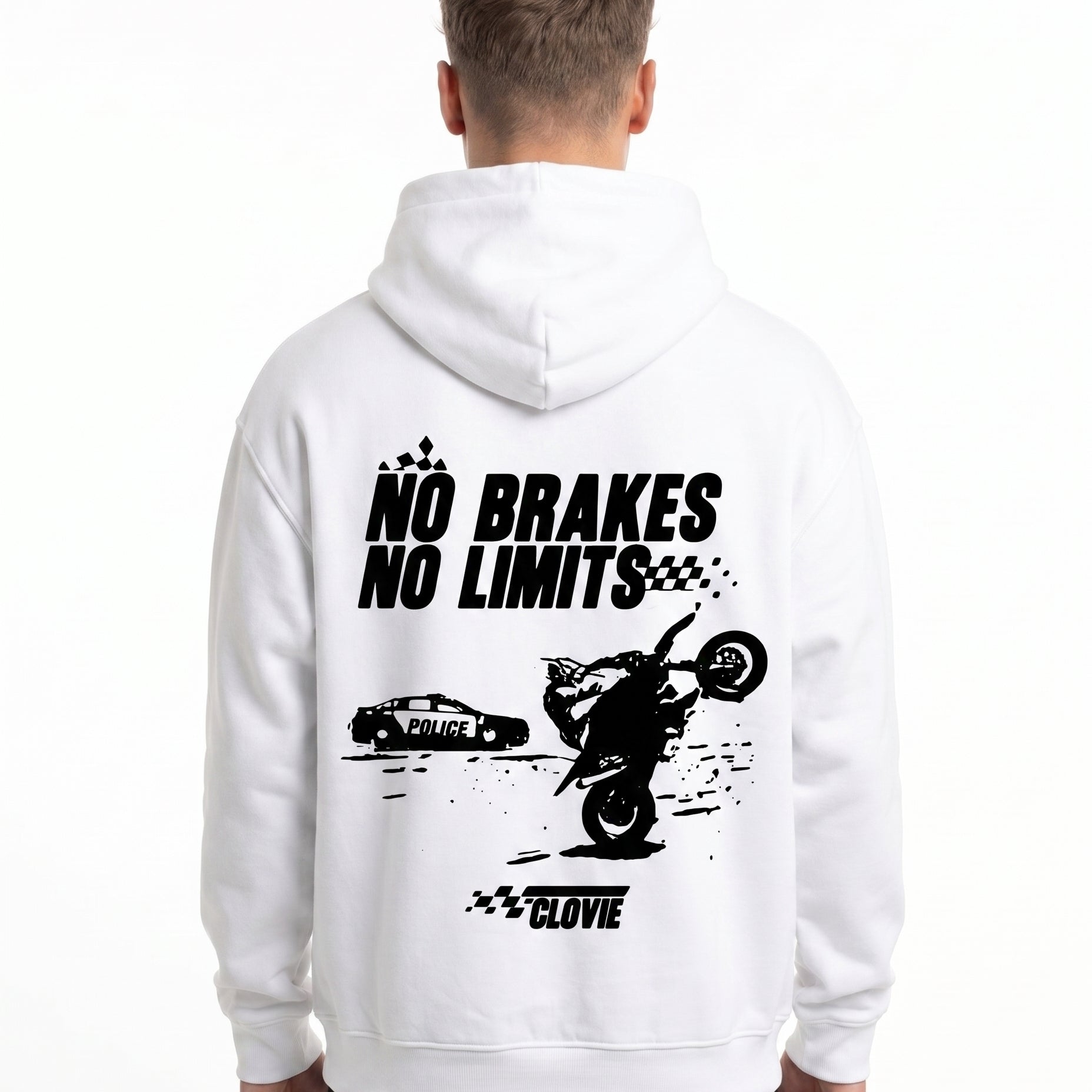 No brakes no limits Oversized Hoodie White - model back print