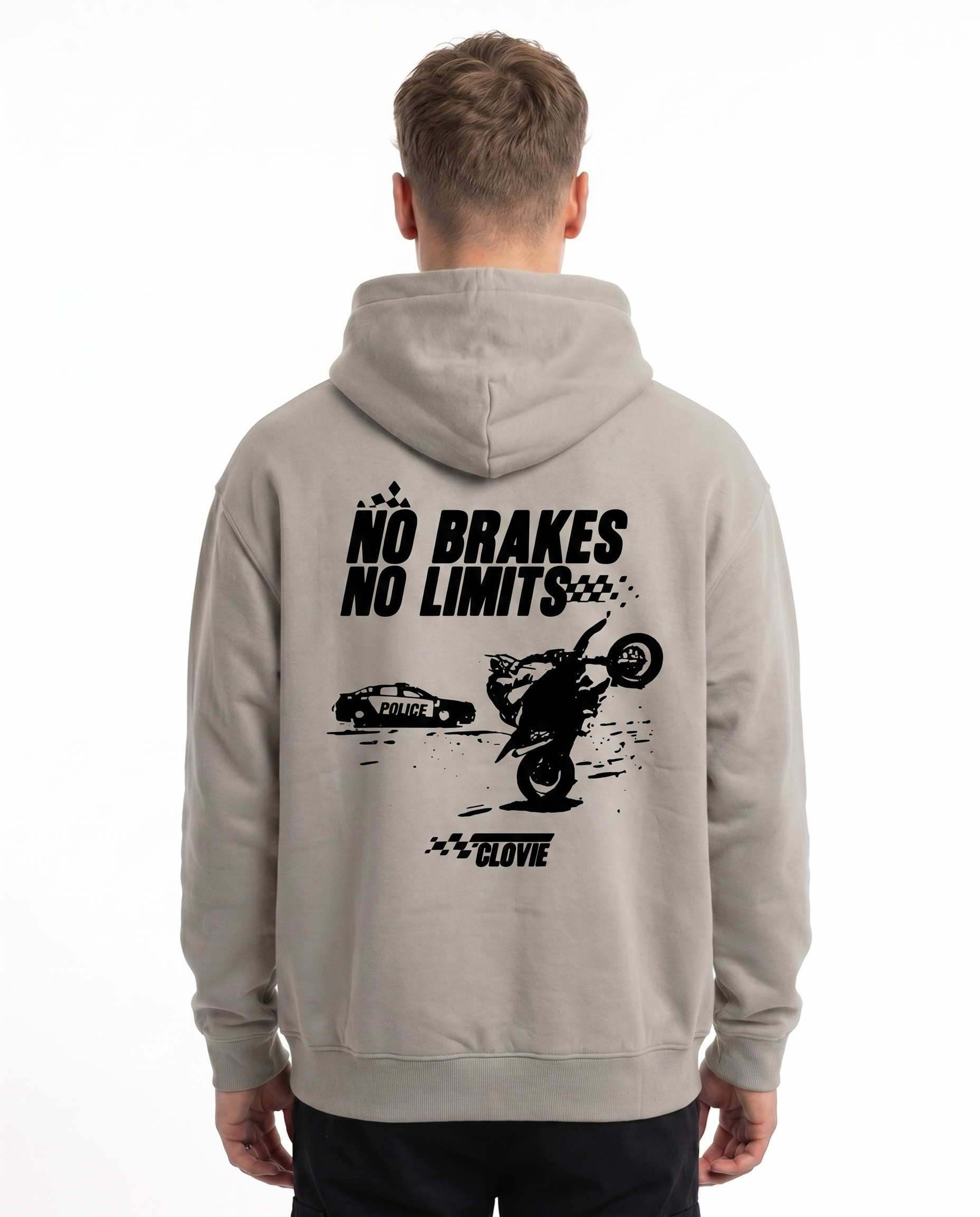 No brakes no limits Oversized Hoodie Light Asphalt - model back print