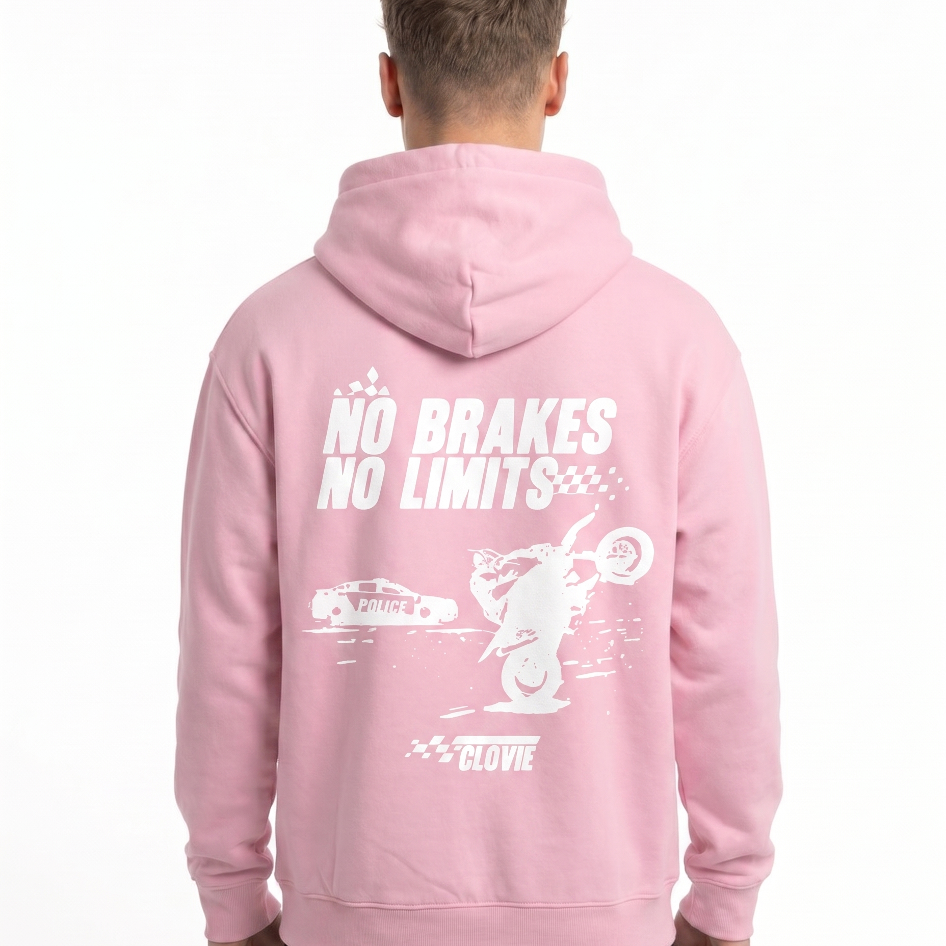 No brakes no limits Hoodie Baby Pink - model back print