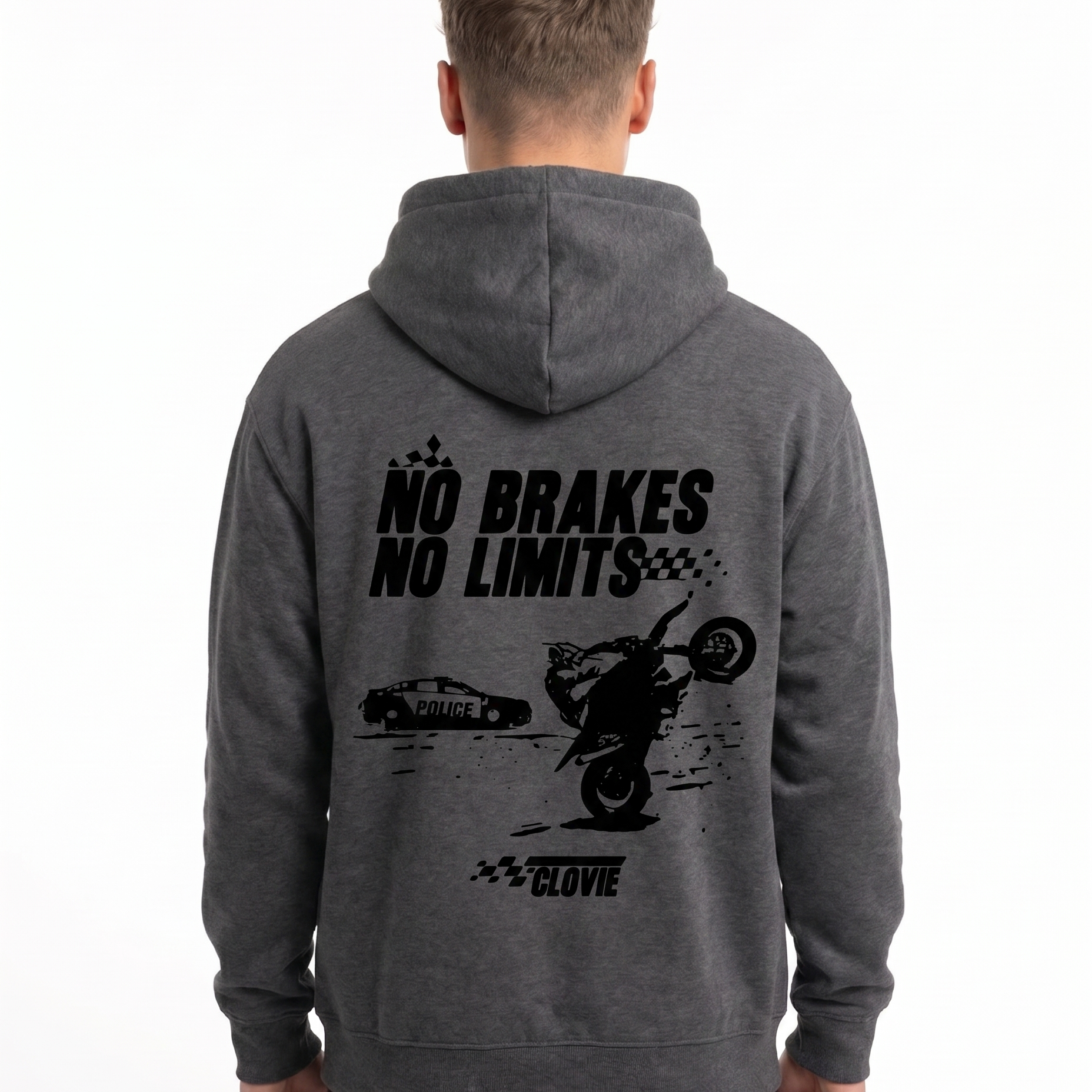 No brakes no limits Hoodie Charcoal Heather - model back print
