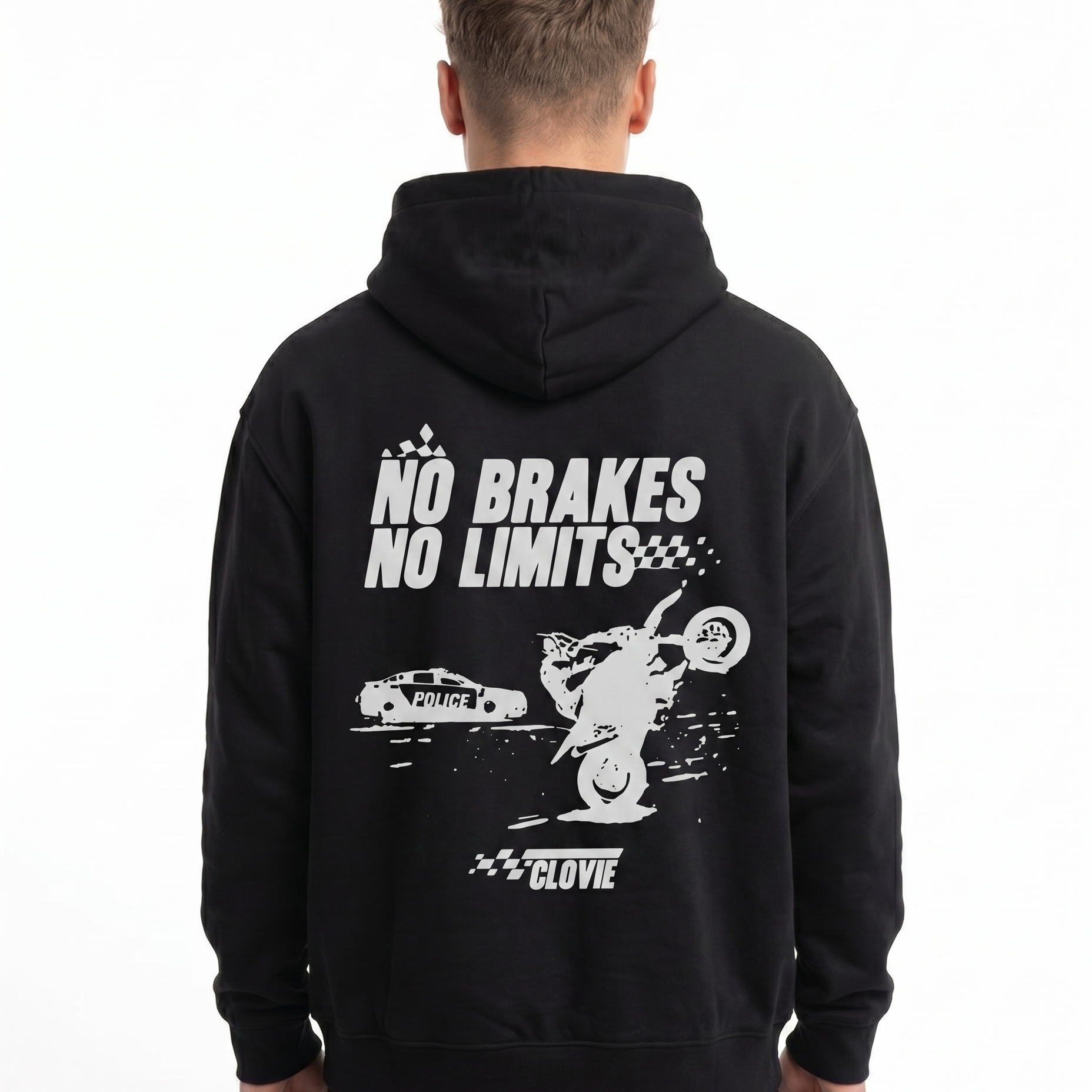 No brakes no limits Hoodie Jet Black - model back print