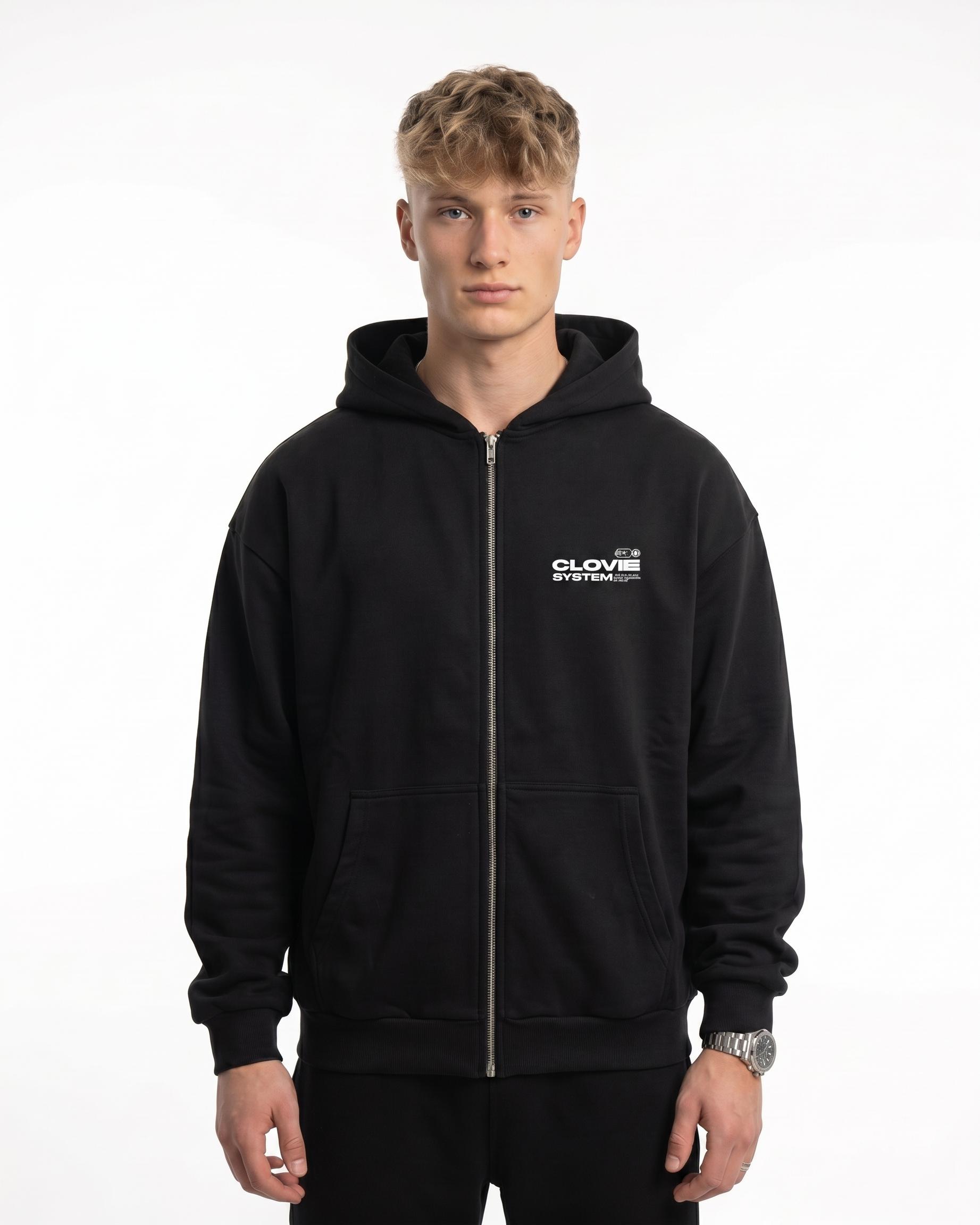 Clovie system Oversized Zip Hoodie Black - model front