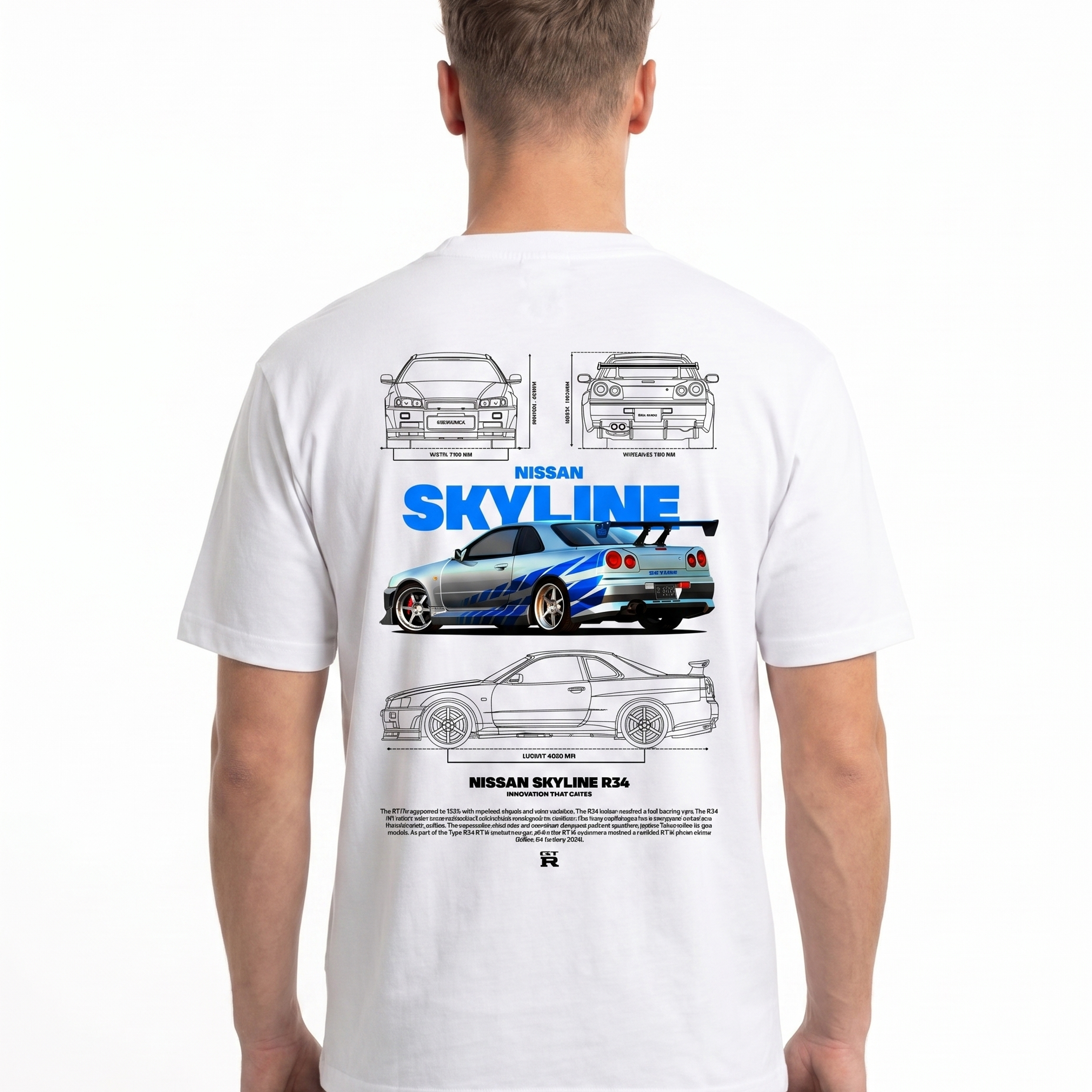 Nissan Skyline R34 Standard Tee White - model back print