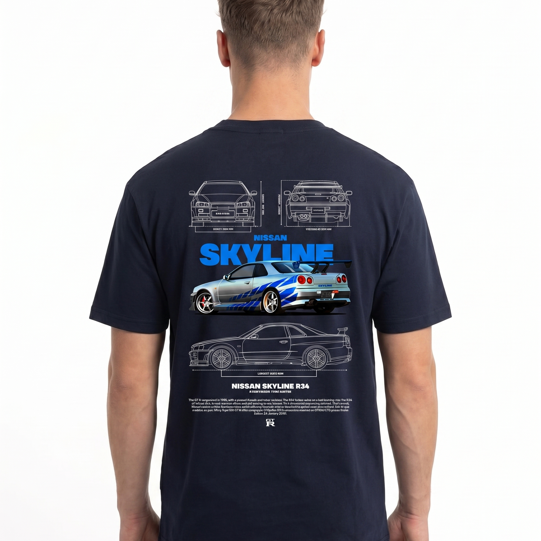 Nissan Skyline R34 Standard Tee French Navy - model back print