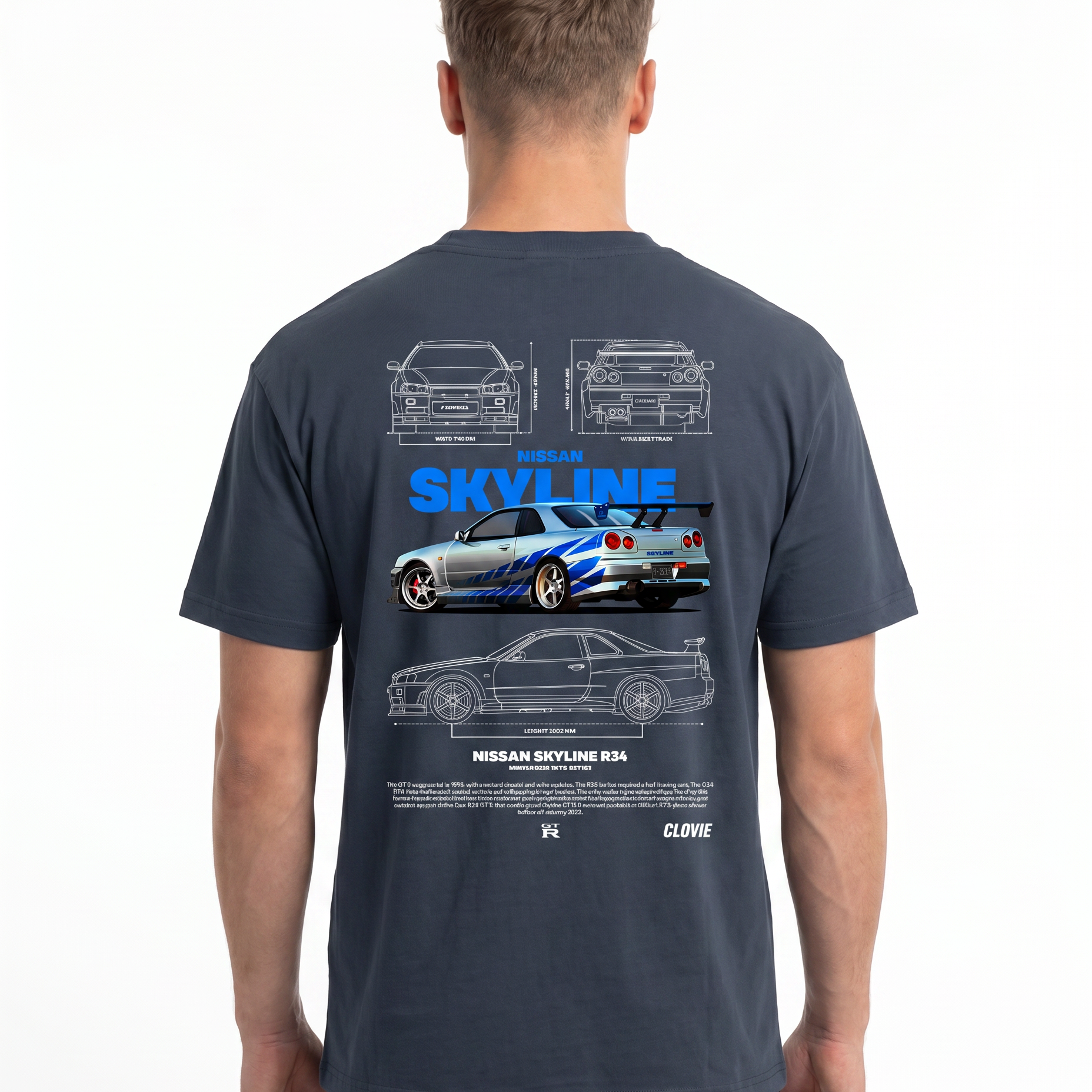 Nissan Skyline R34 Standard Tee India Ink Grey - model back print