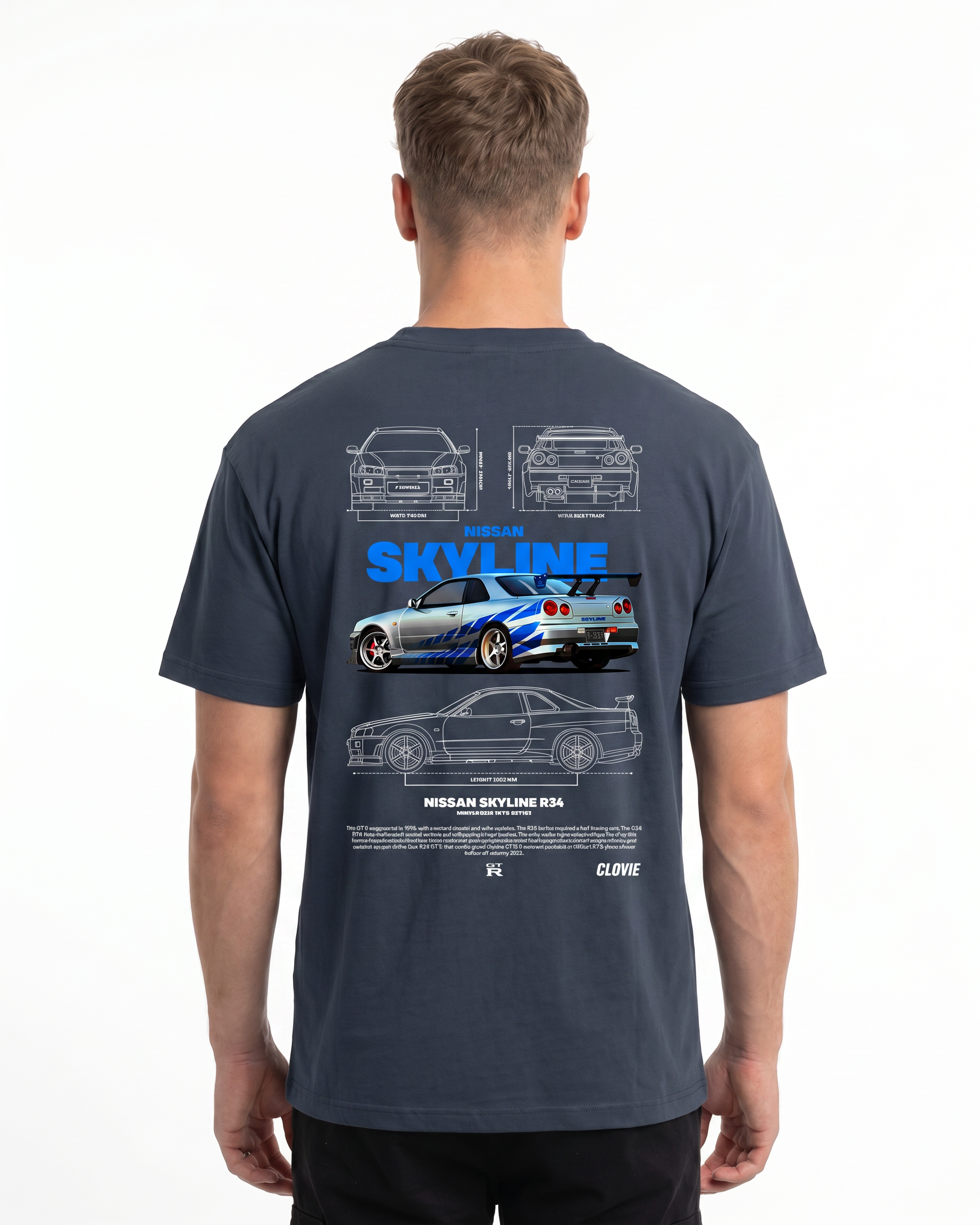 Nissan Skyline R34 Standard Tee India Ink Grey - model back print
