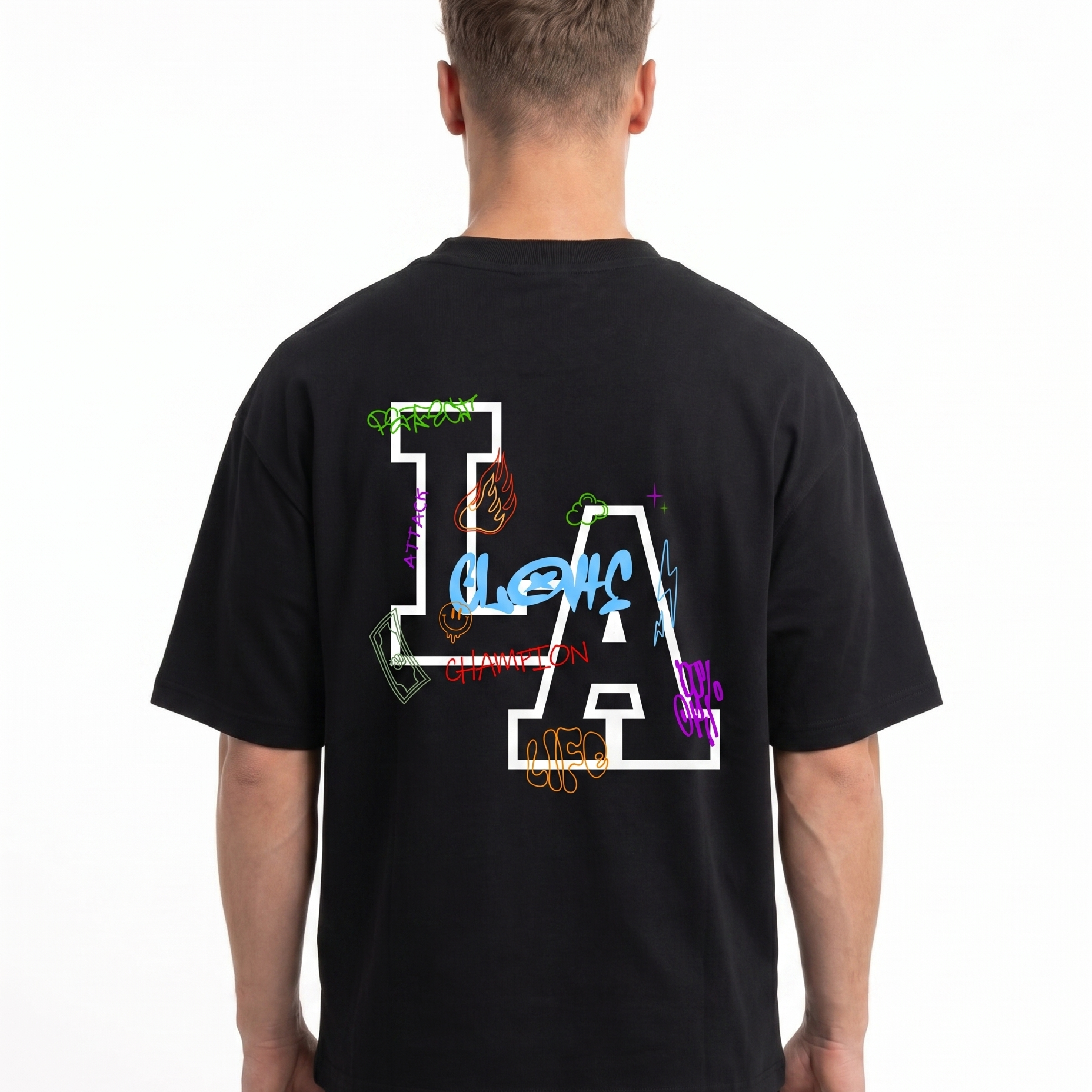 Los Angeles Oversized Tee Black - model back print