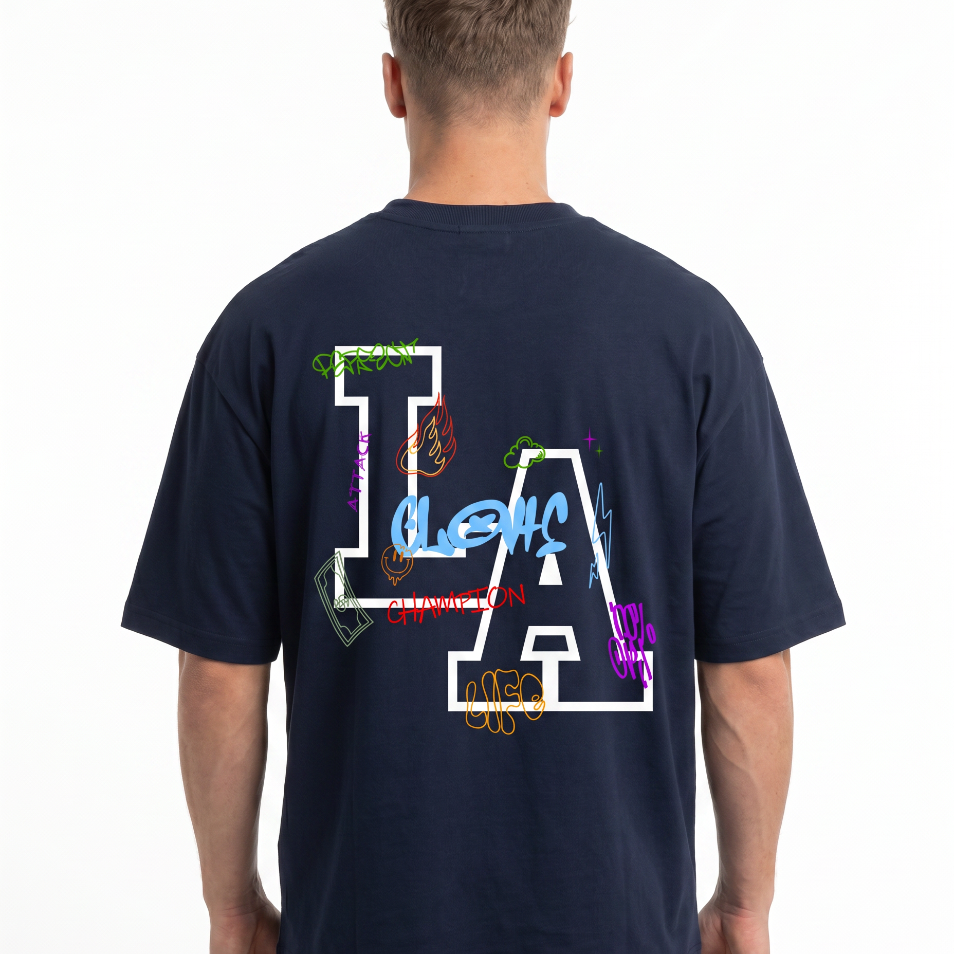 Los Angeles Oversized Tee French Navy - model back print