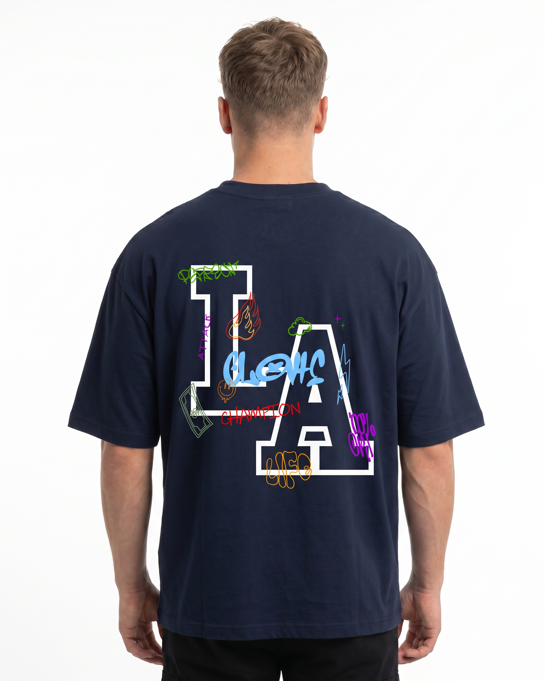 Los Angeles Oversized Tee French Navy - model back print