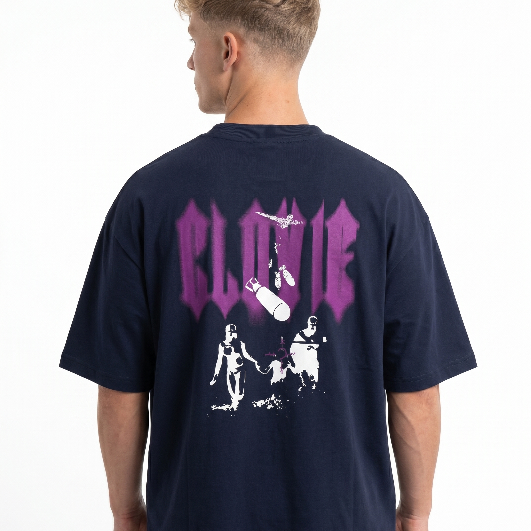 Bombs Oversized Tee French Navy - model back print