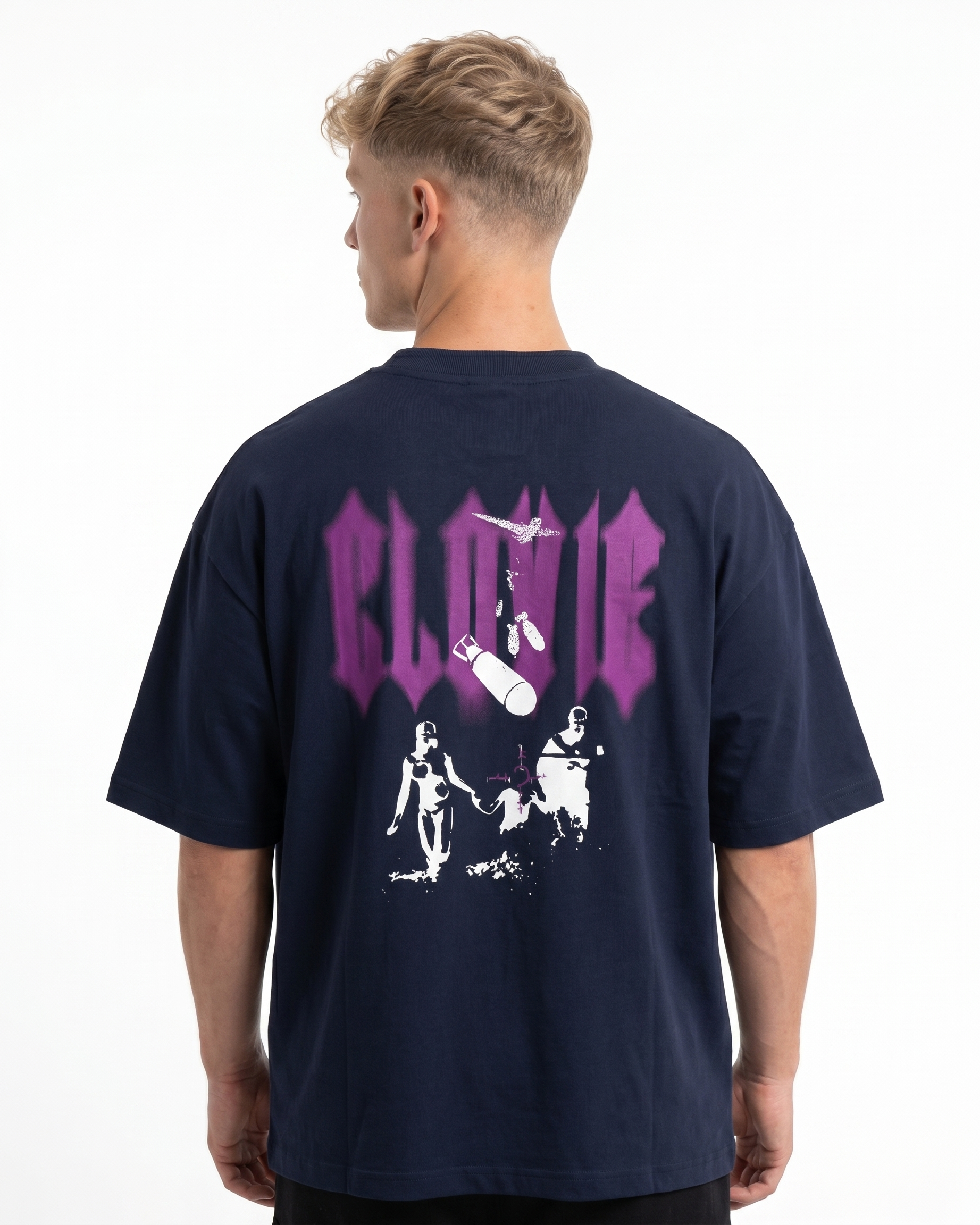 Bombs Oversized Tee French Navy - model back print