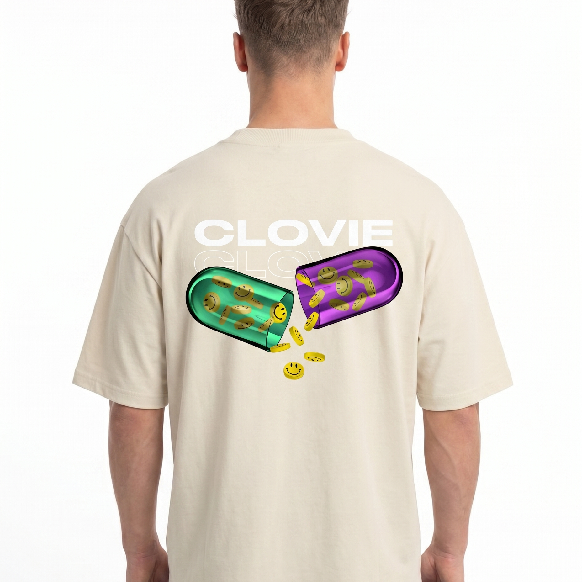 Happy pills Oversized Tee Natural Raw - model back print