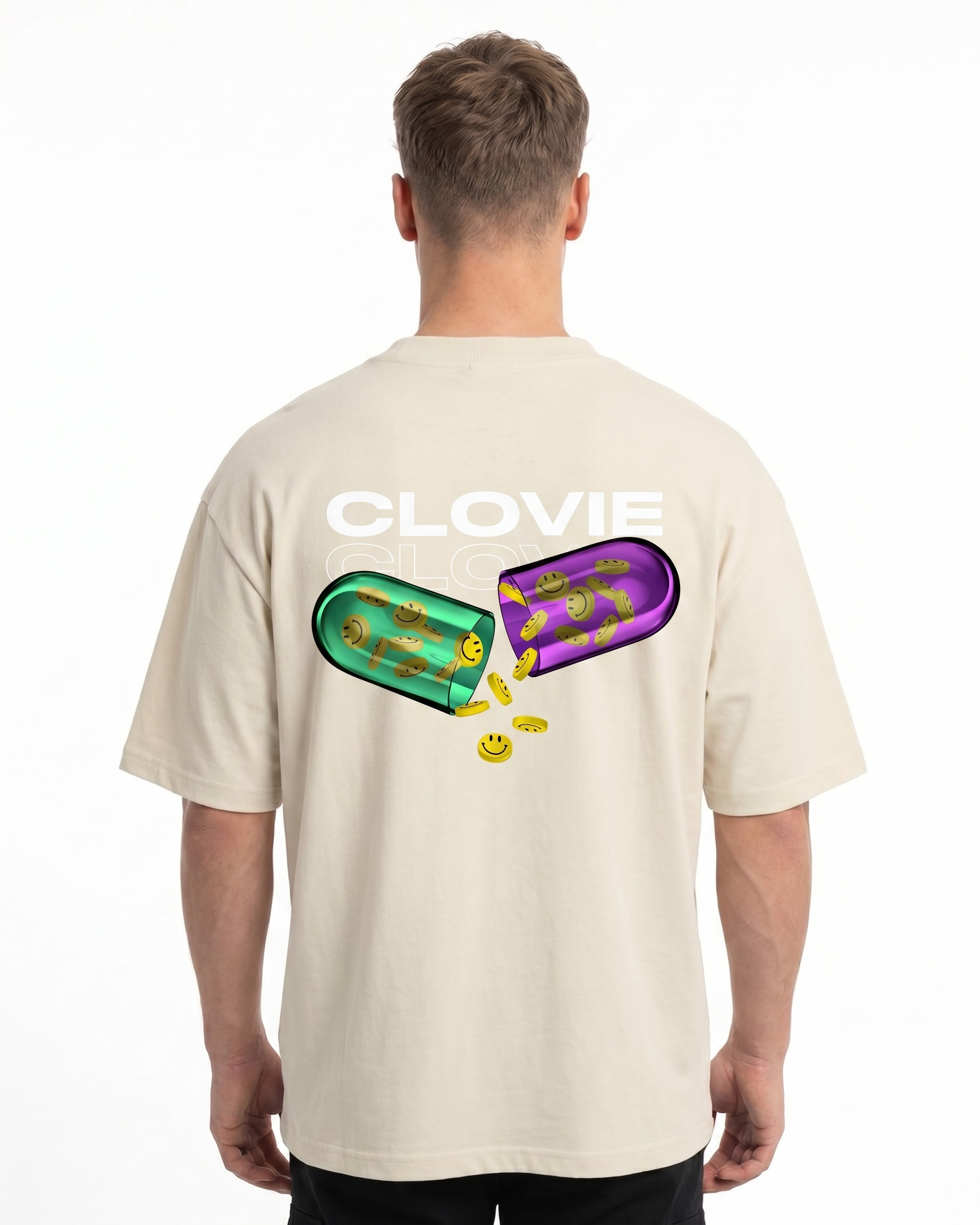 Happy pills Oversized Tee Natural Raw - model back print