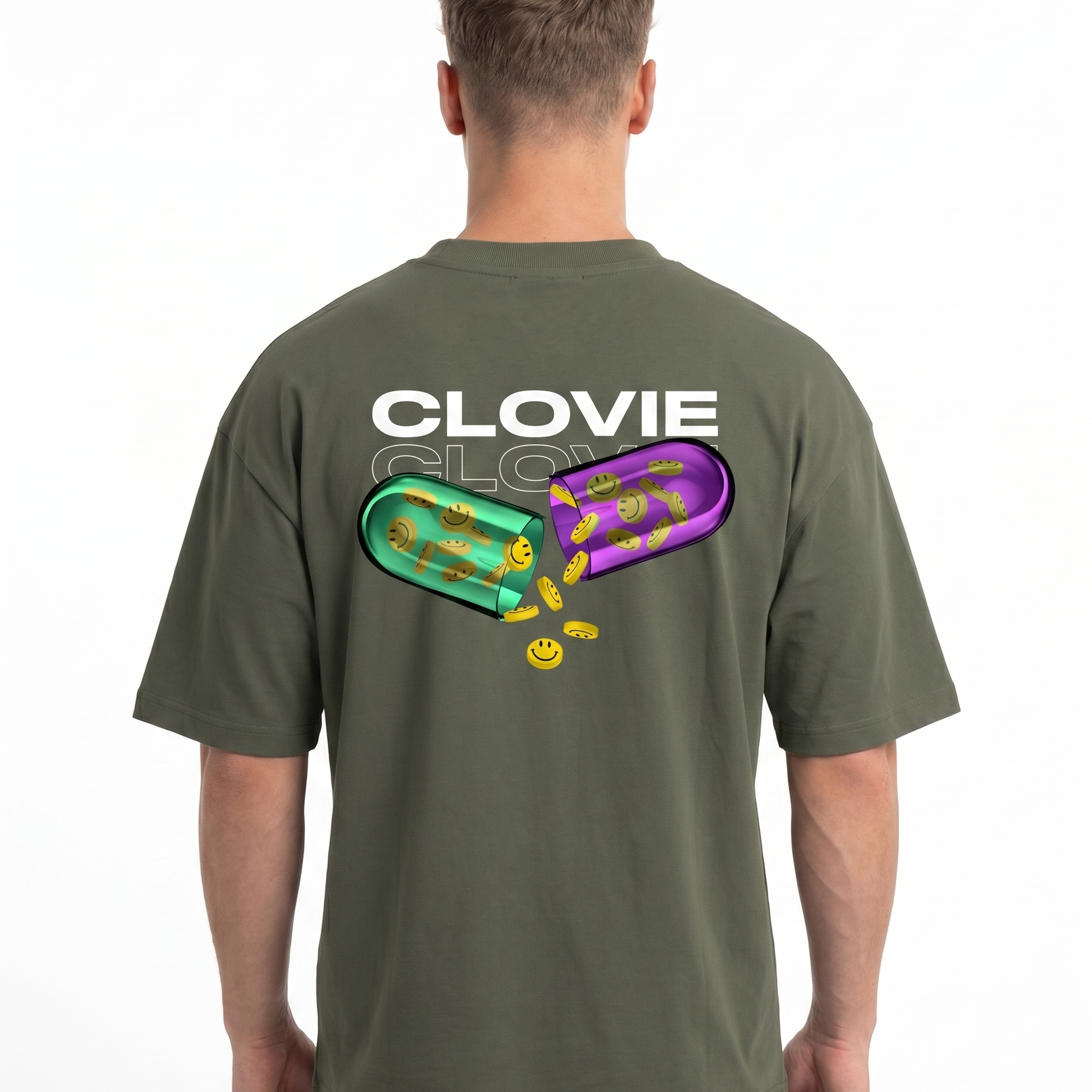 Happy pills Oversized Tee Khaki - model back print