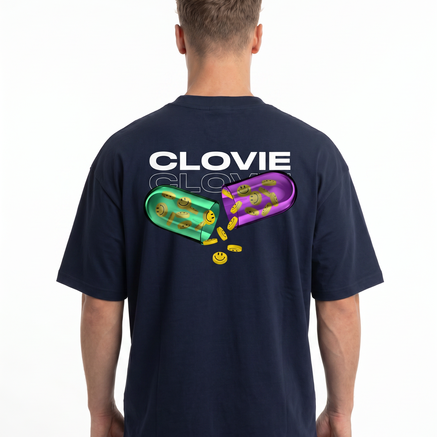 Happy pills Oversized Tee French Navy - model back print