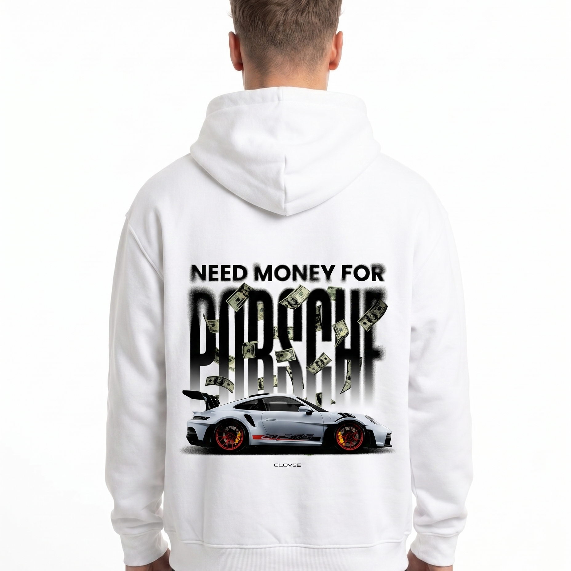 Need money for porsche Hoodie White - model back print