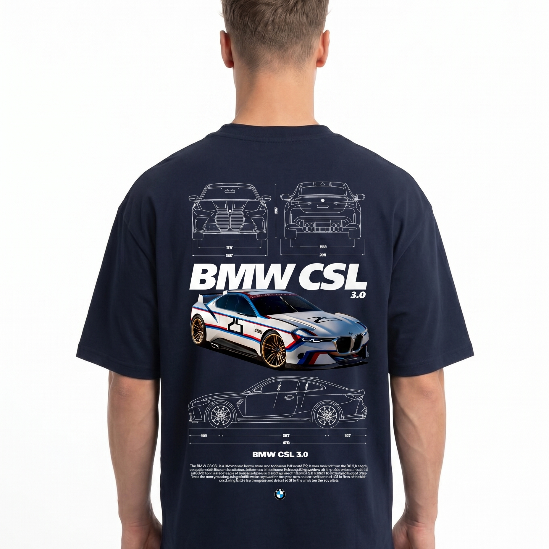 BMW CSL 3.0 OVS Tee French Navy - model back print