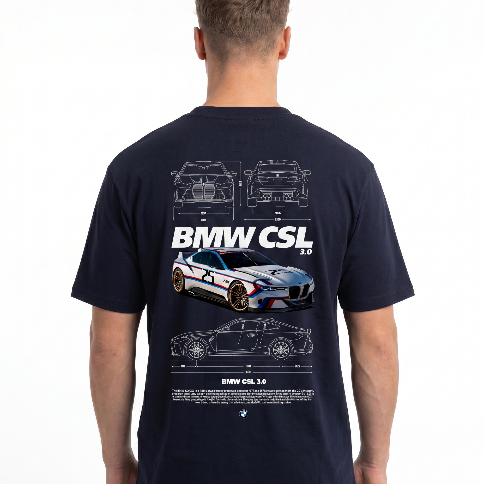 BMW CSL 3.0 Std Tee French Navy - model back print