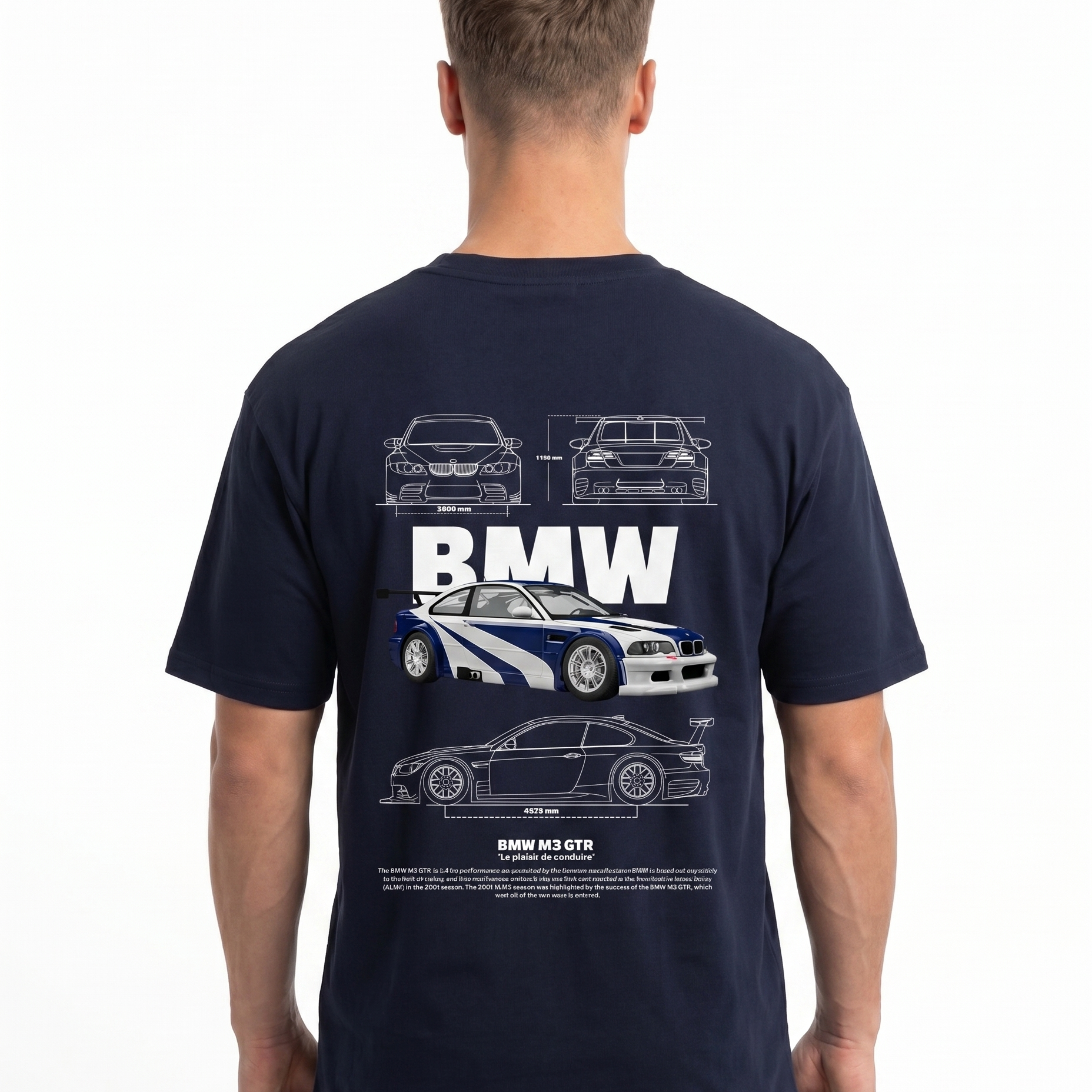 BMW M3 GTR Std Tee French Navy - model back print