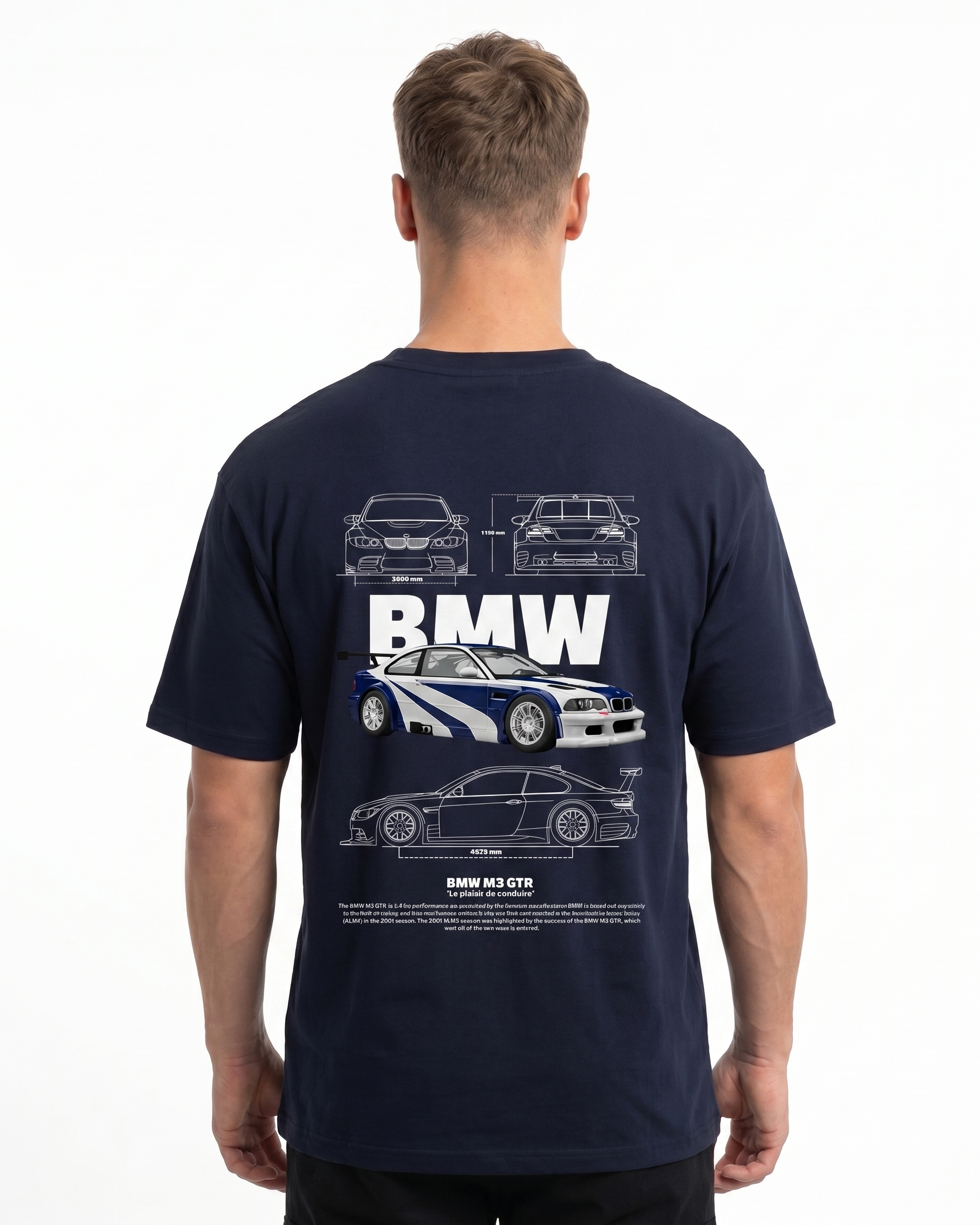 BMW M3 GTR Std Tee French Navy - model back print