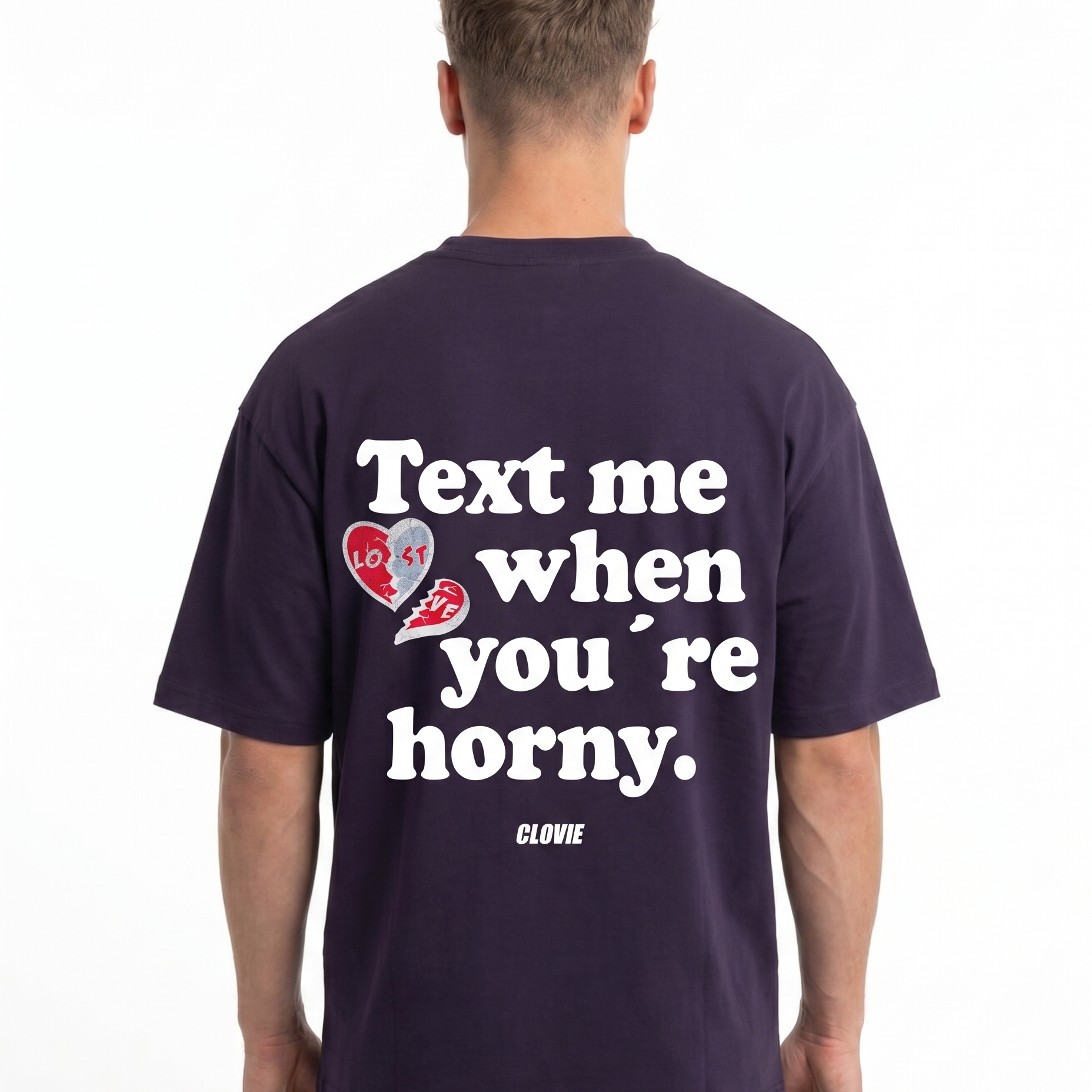 Text me when you're horny Oversized Tee Purple Night Back