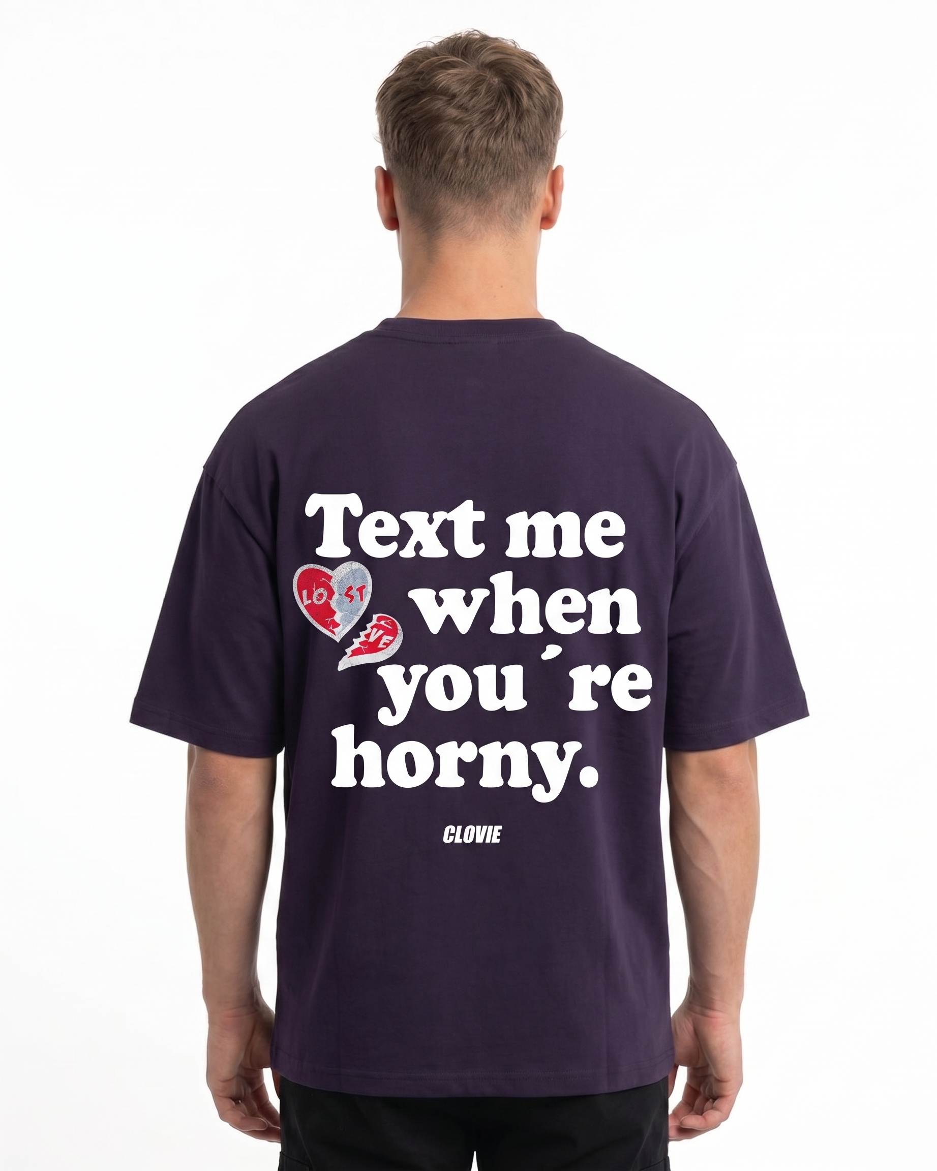 Text me when you're horny Oversized Tee Purple Night Back