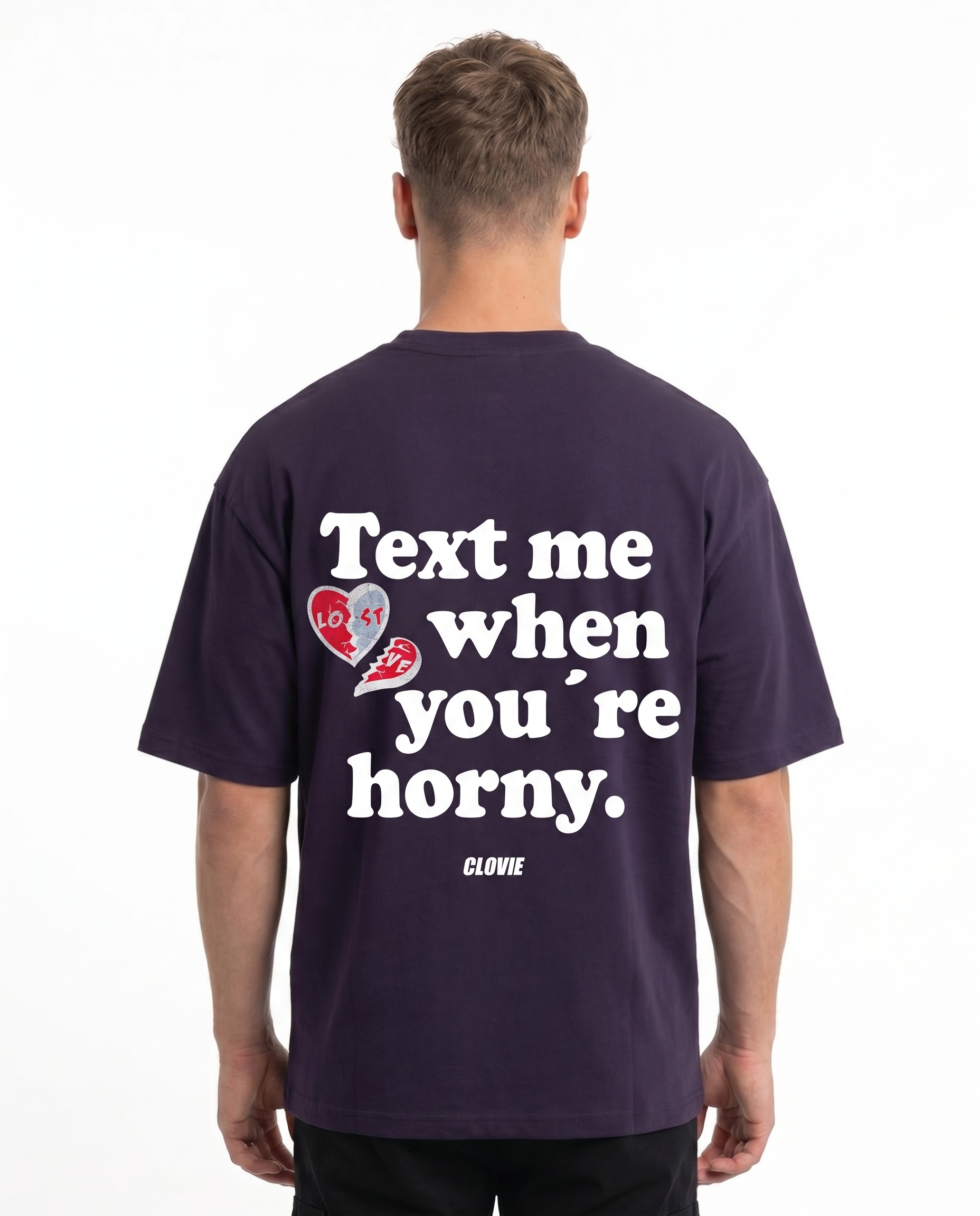 Text me when you're horny Oversized Tee Purple Night Back