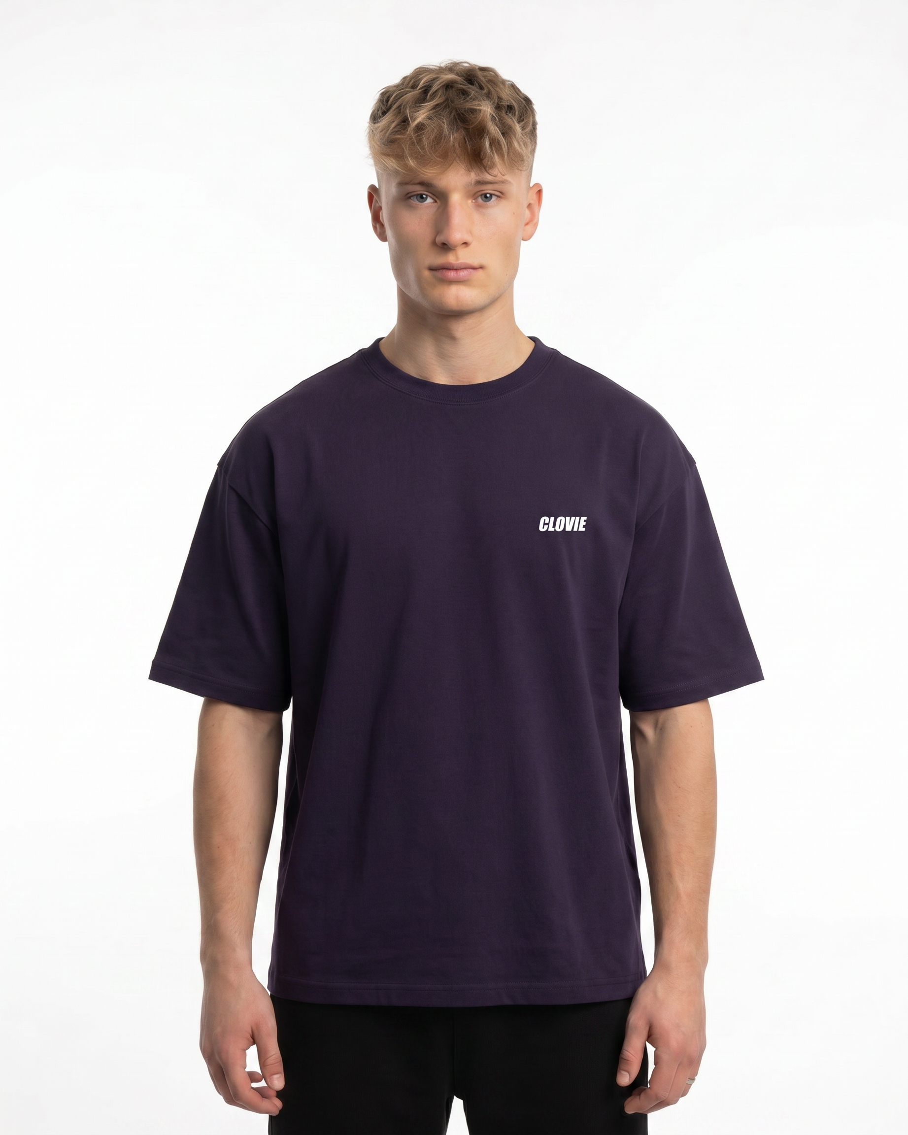 Raised by the streets OVS Tee Purple Night - model front CLOVIE (reuse Text me OVS Tee)