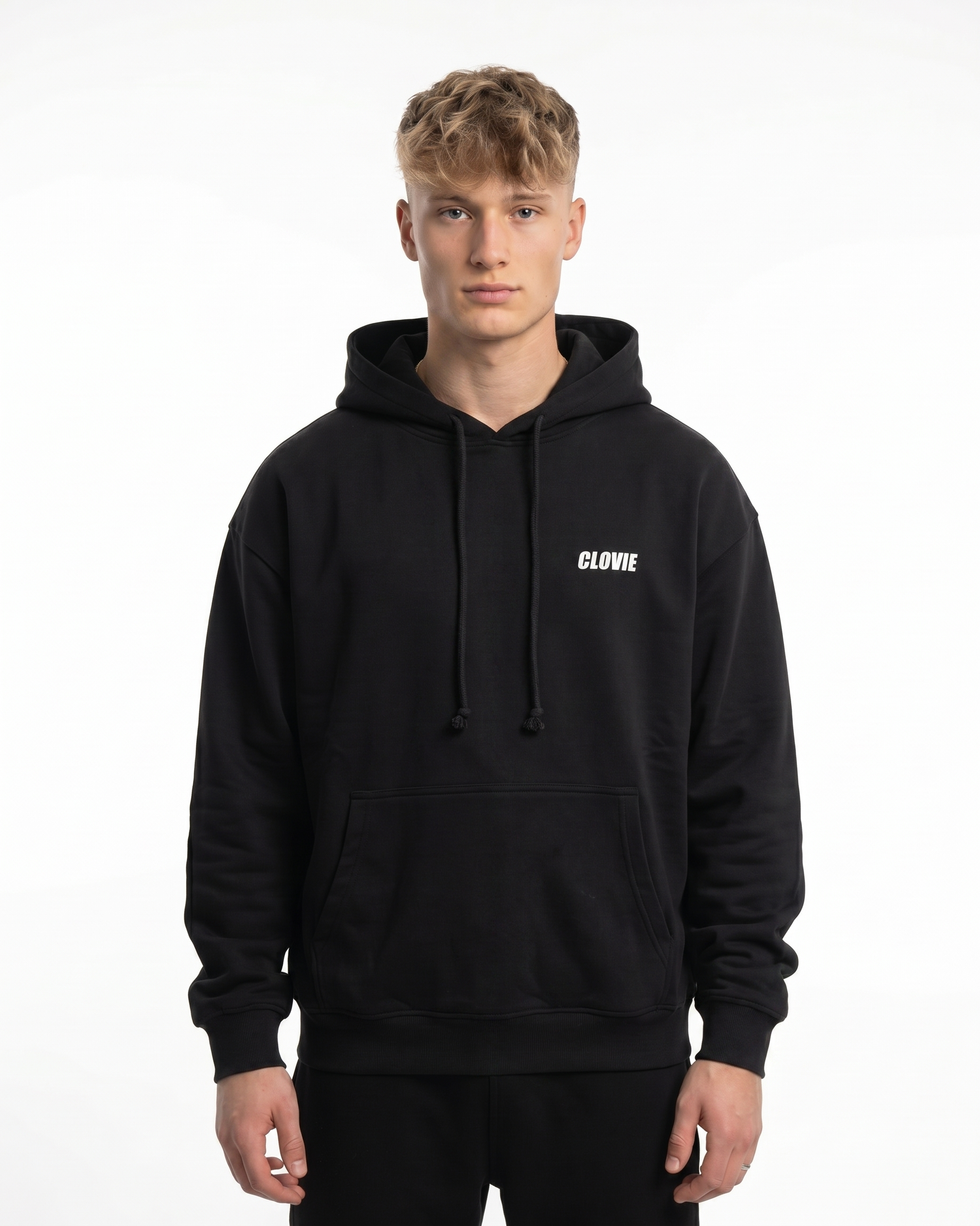 Eat p*ssy Hoodie Jet Black - model front CLOVIE (reused from Text me Hoodie)