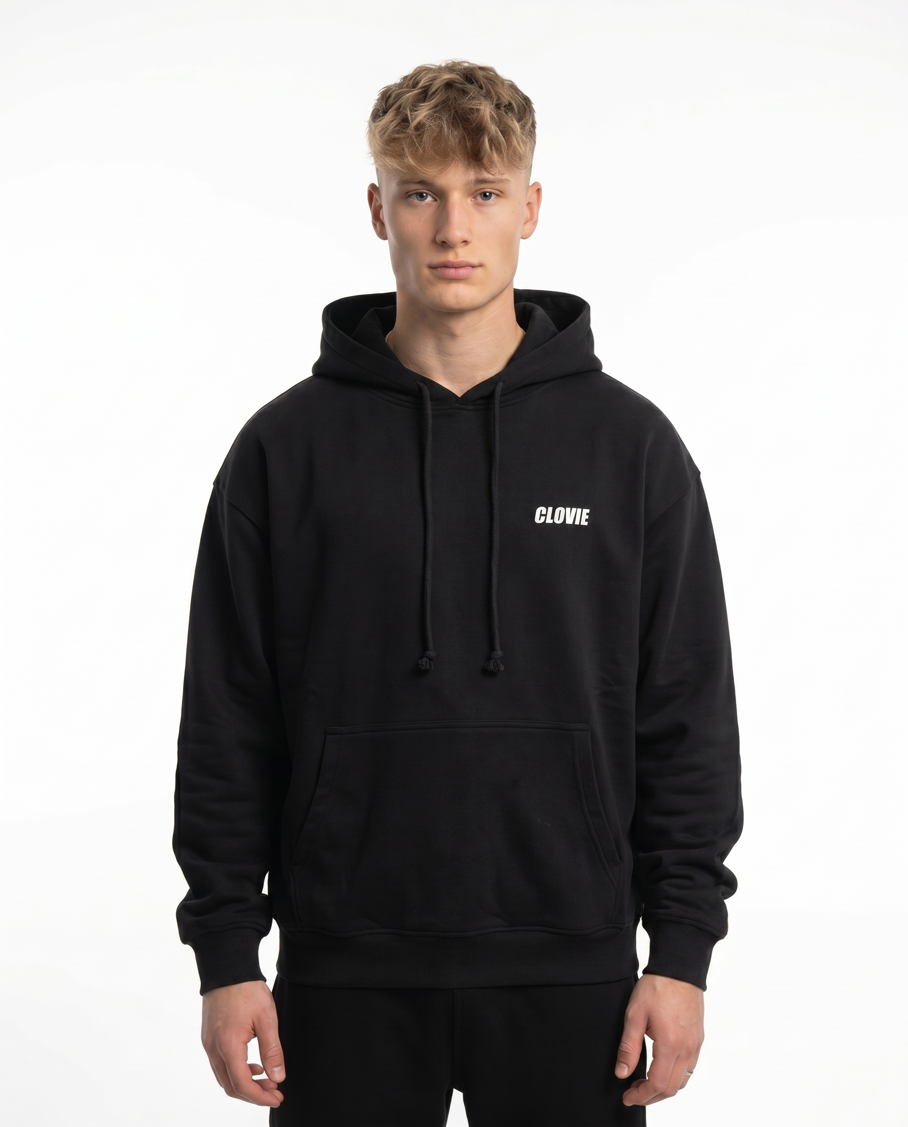 Eat p*ssy Hoodie Jet Black - model front CLOVIE (reused from Text me Hoodie)