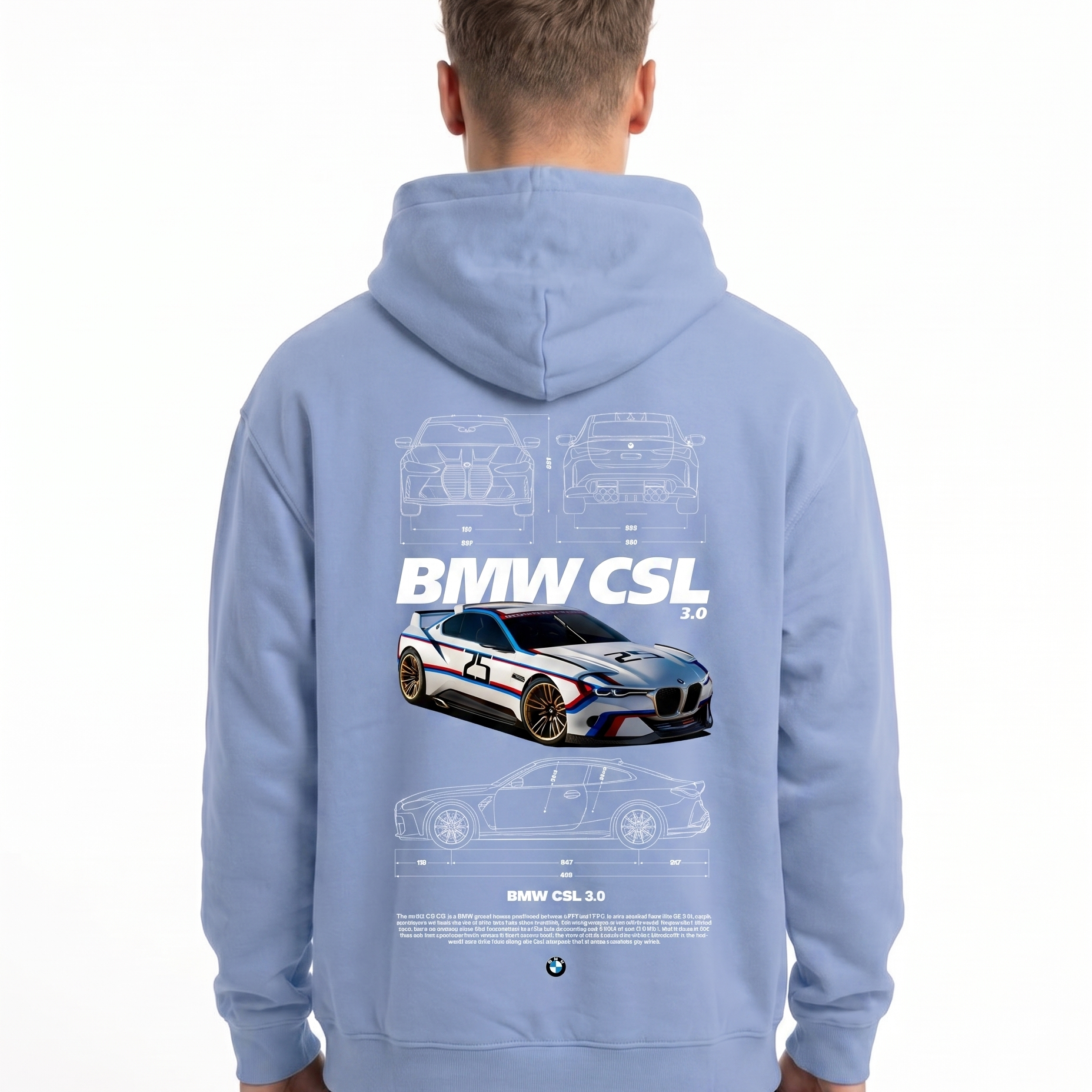 BMW CSL 3.0 Oversized Hoodie Powder Blue - model back print