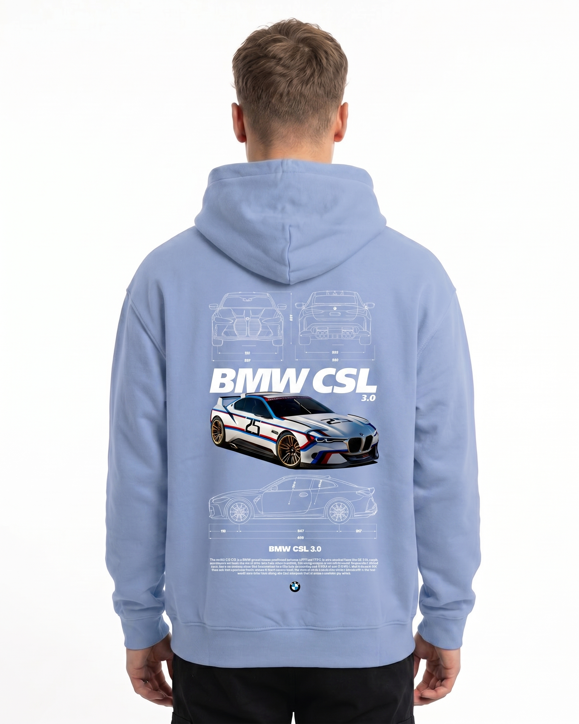 BMW CSL 3.0 Oversized Hoodie Powder Blue - model back print