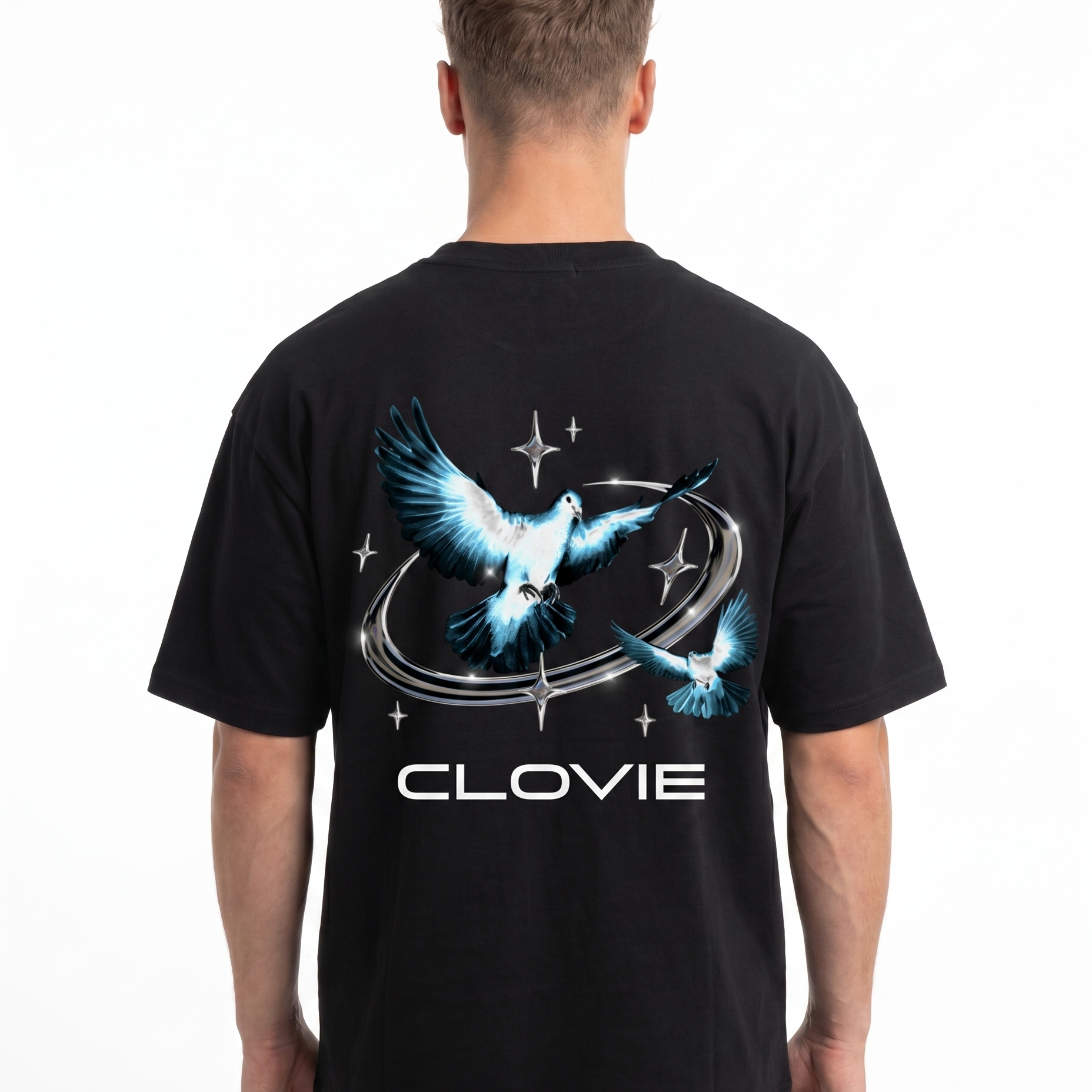 Bird universum Oversized Tee Schwarz Rueckansicht - CLOVIE Streetwear