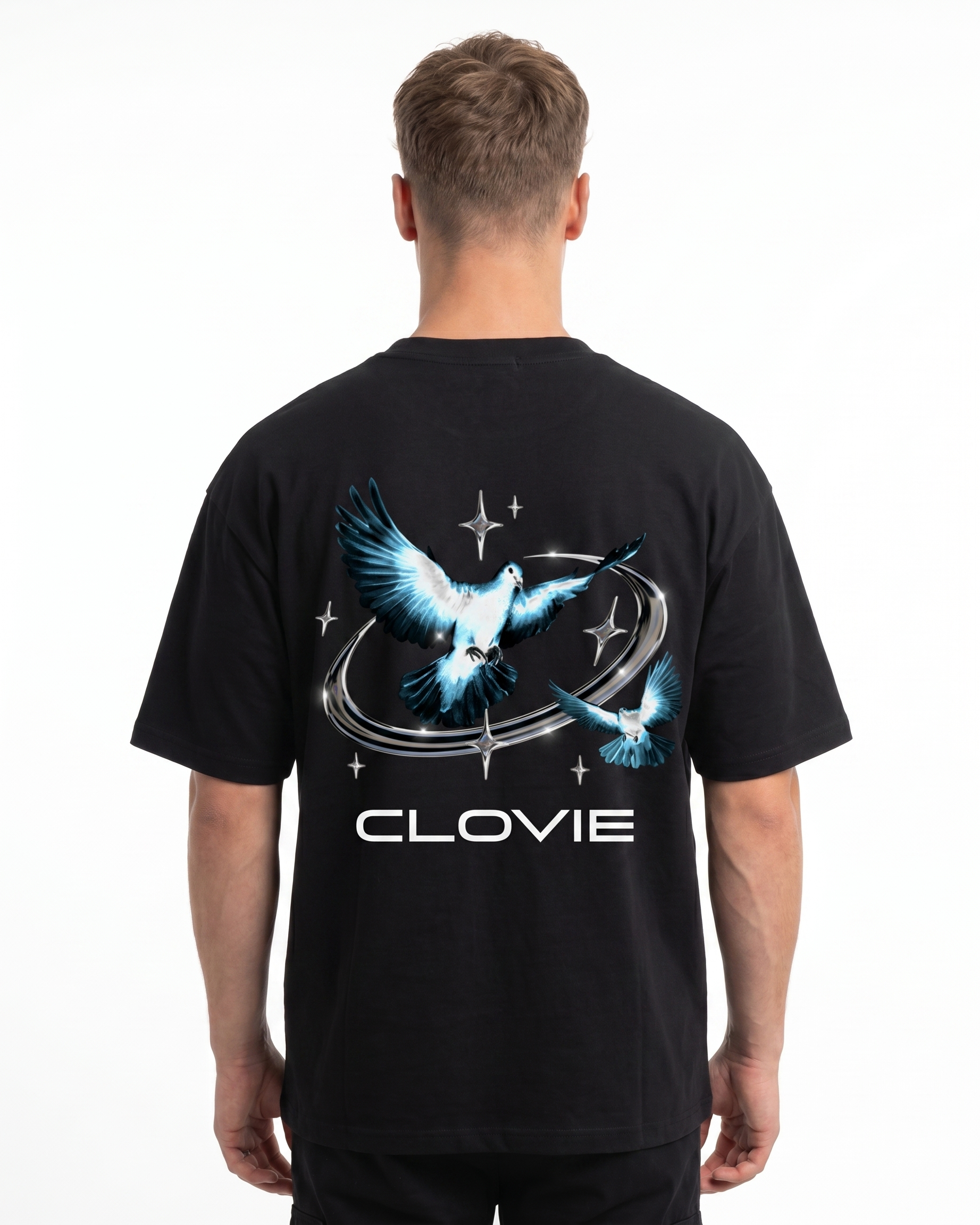 Bird universum Oversized Tee Schwarz Rueckansicht - CLOVIE Streetwear