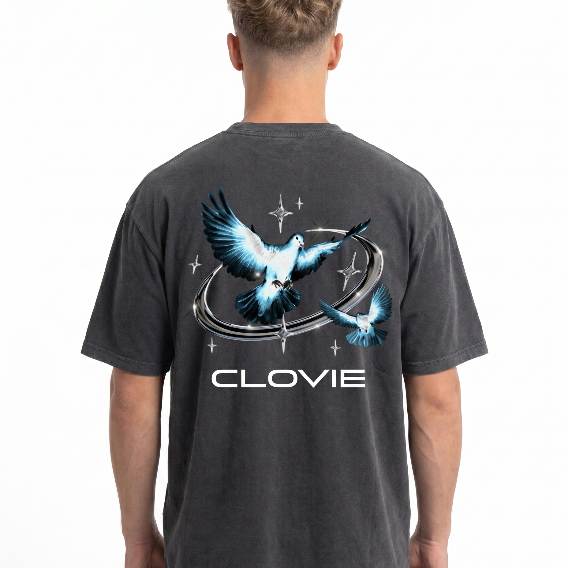 Bird universum Oversized Tee Washed Black Rueckansicht - CLOVIE Streetwear