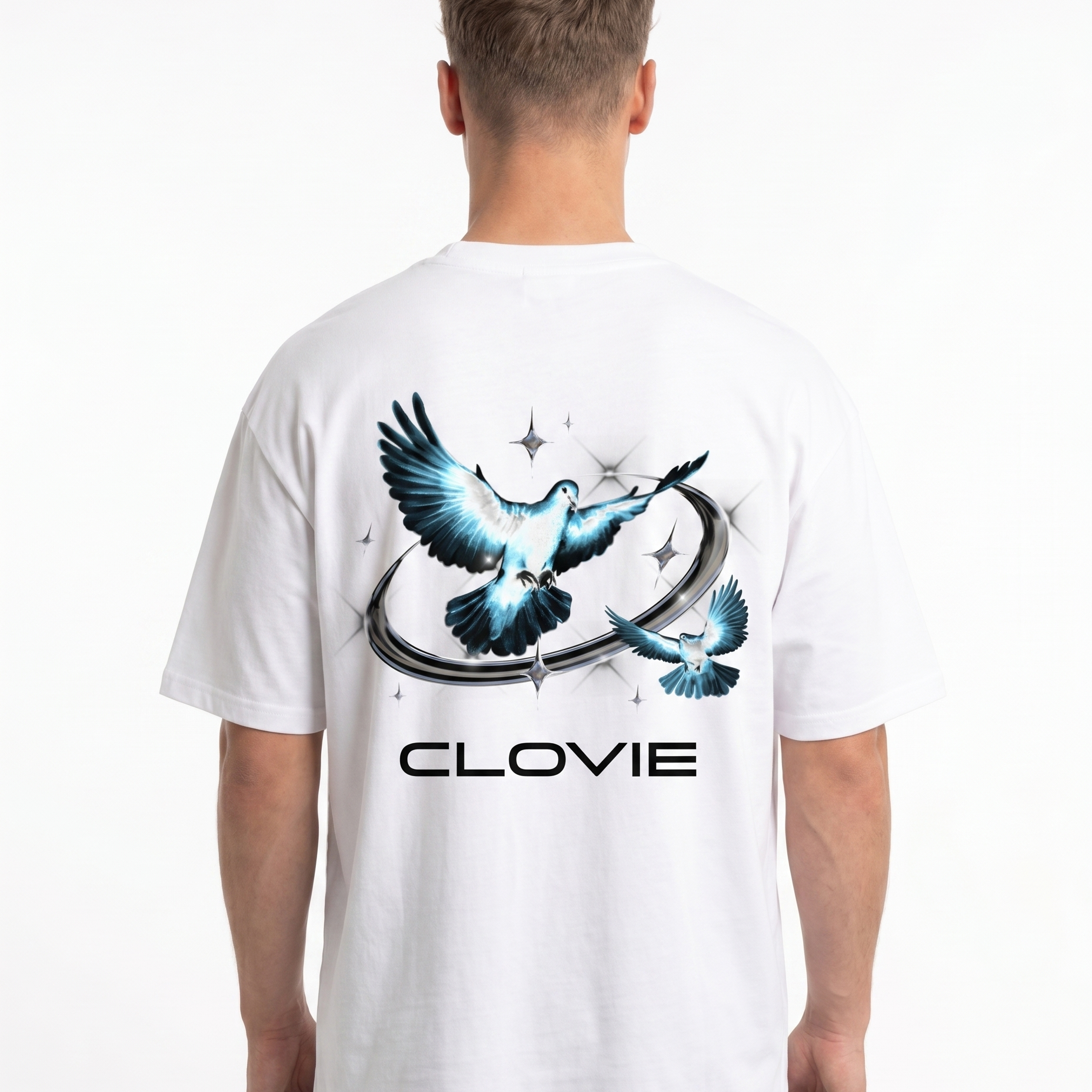 Bird universum Oversized Tee Weiss Rueckansicht - CLOVIE Streetwear