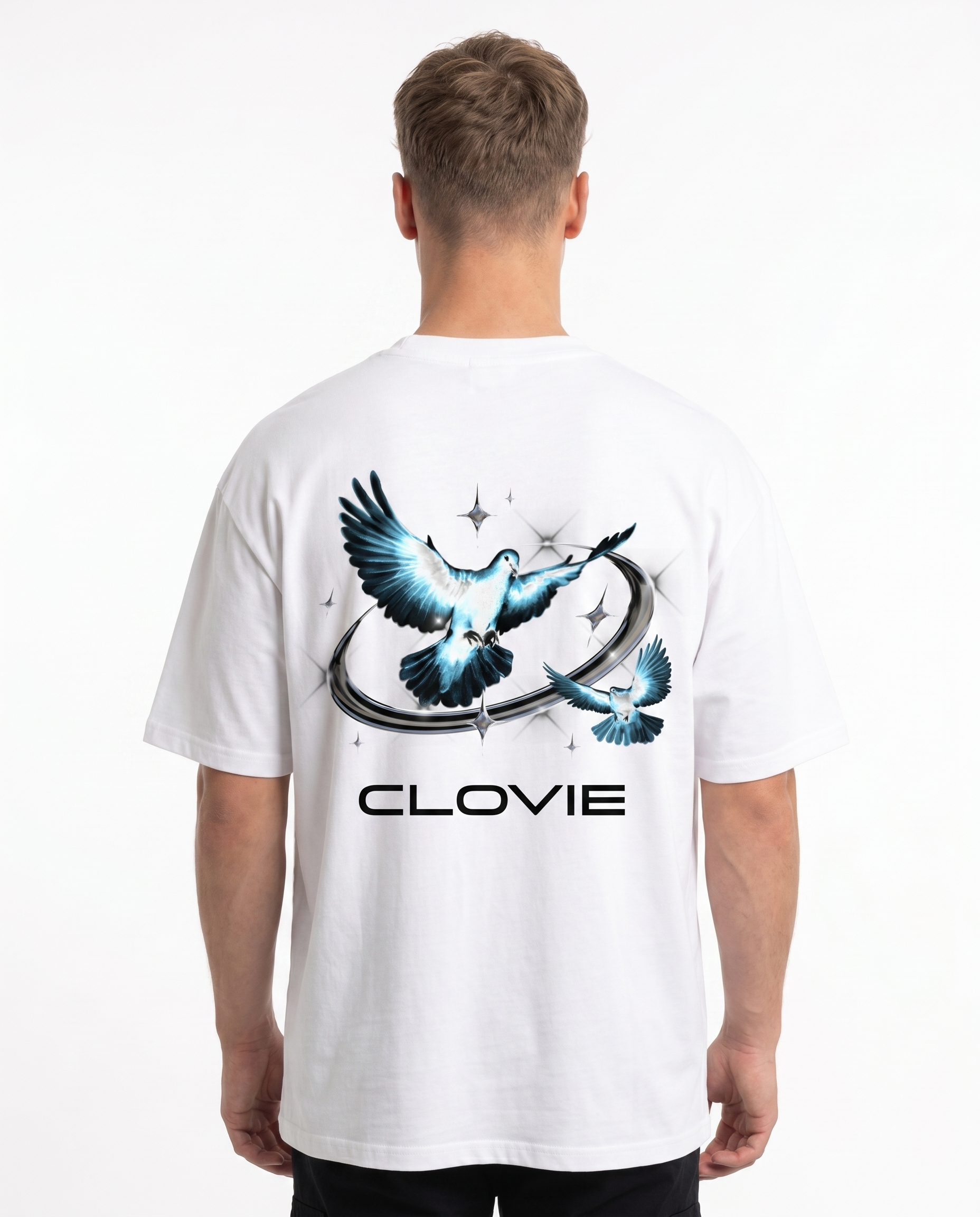 Bird universum Oversized Tee Weiss Rueckansicht - CLOVIE Streetwear